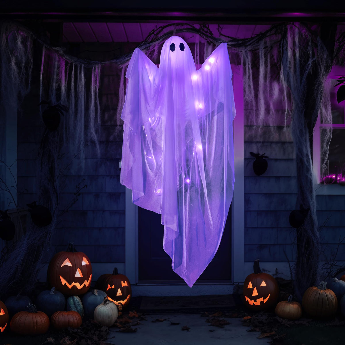 JOYIN Halloween Hanging Light up Ghost, 47" White Ghosts with Purple LED Light and Timer Halloween Hanging Decoration Waterproof for Front Yard Patio LawnGarden Party Decor Indoor Outdoor