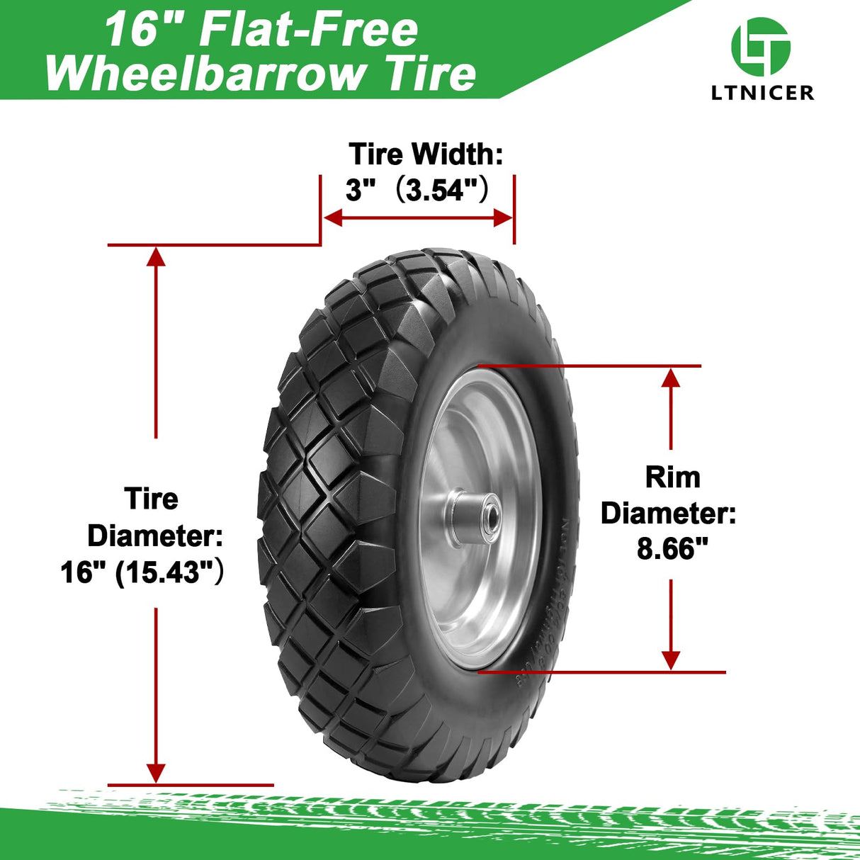 LTNICER 4.80/4.00-8" Flat-Free Tire and Wheel, 16" Solid Wheelbarrow Tires with 5/8" or 3/4" Bearings, 3-7" Centered Hub Universal Fit for Wheelbarrows/Garden Trailer/Wagons