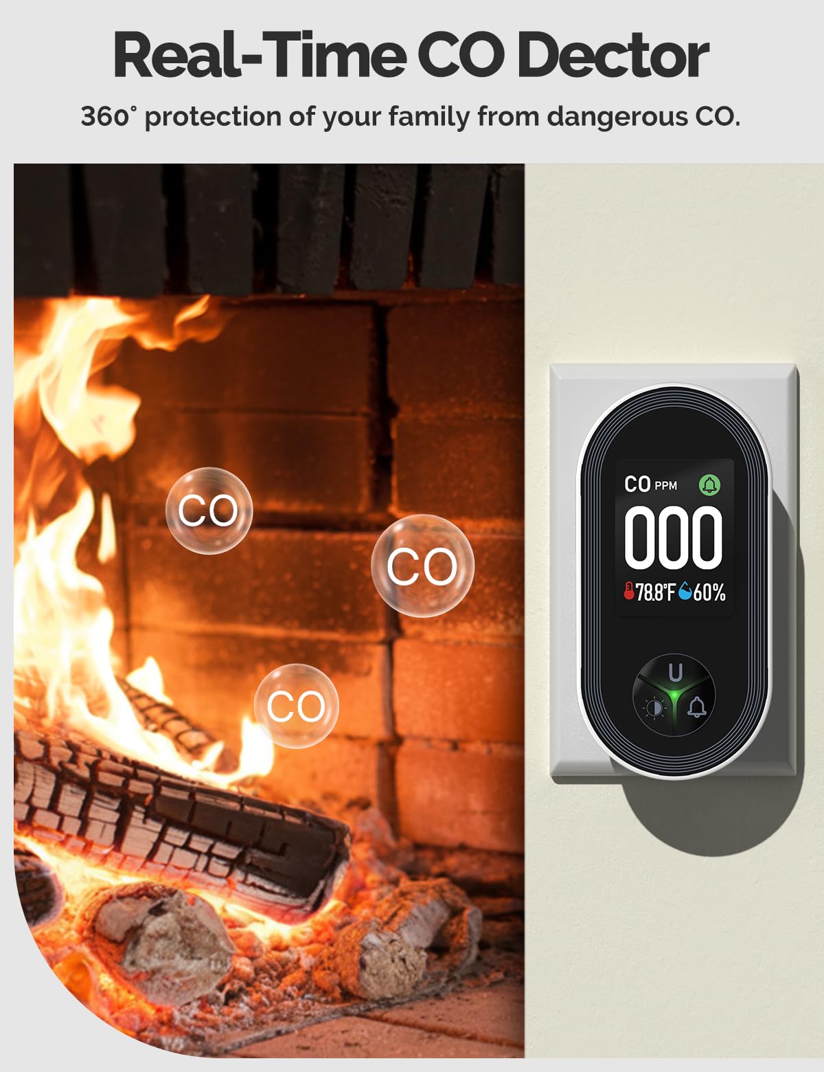 3IN1 Carbon Monoxide Detector Combination Plug in, CO Monitor with Temperature Humidity Sensor Built-in, Alarm Sound Warning for Kitchen/Garage/Fireplace/RV