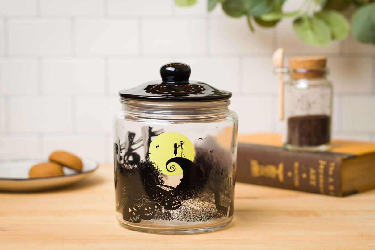 Silver Buffalo Disney Tim Burton Nightmare Before Christmas Moon Hill Graveyard Scene Jack Skellington and Sally Glass Cookie Snack Candy Jar with Lid (Small)