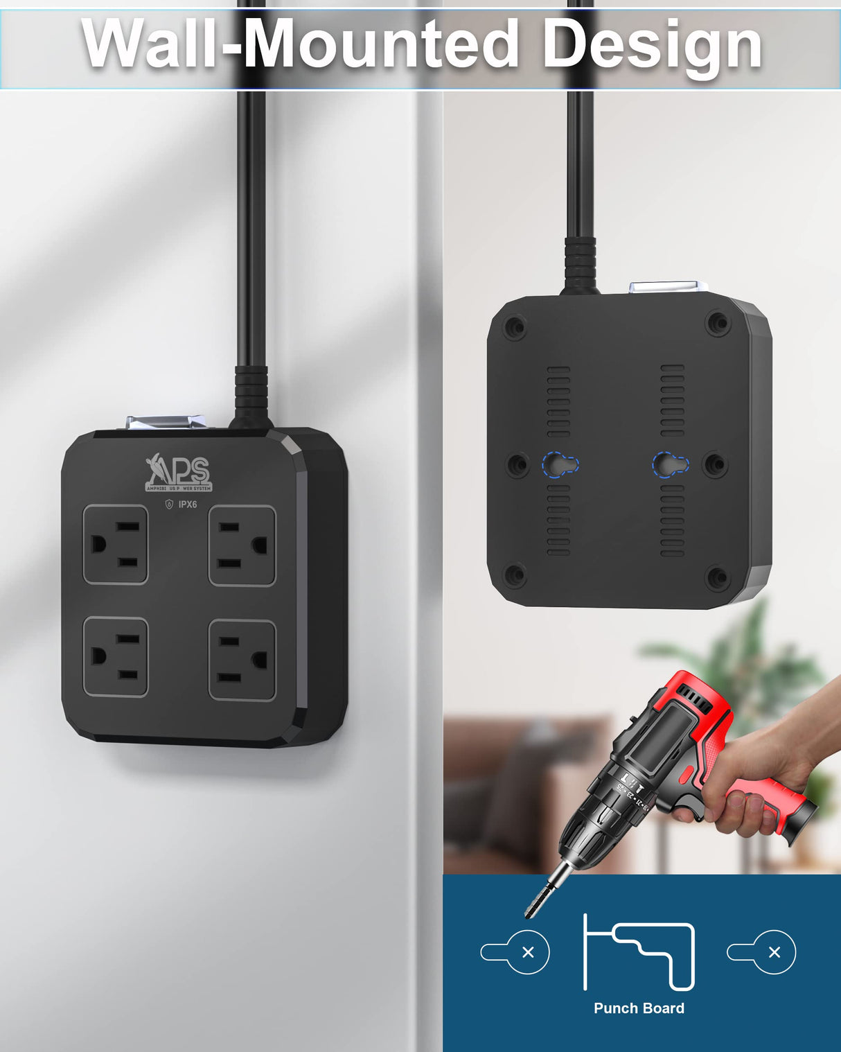 Outdoor Power Strip Weatherproof, Waterproof Surge Protector with 4 Wide Outlet with 3 USB Ports, 6FT Long Extension Cord,1875W Overload Protection,Outlet Extender for Christmas Lights ETL Black