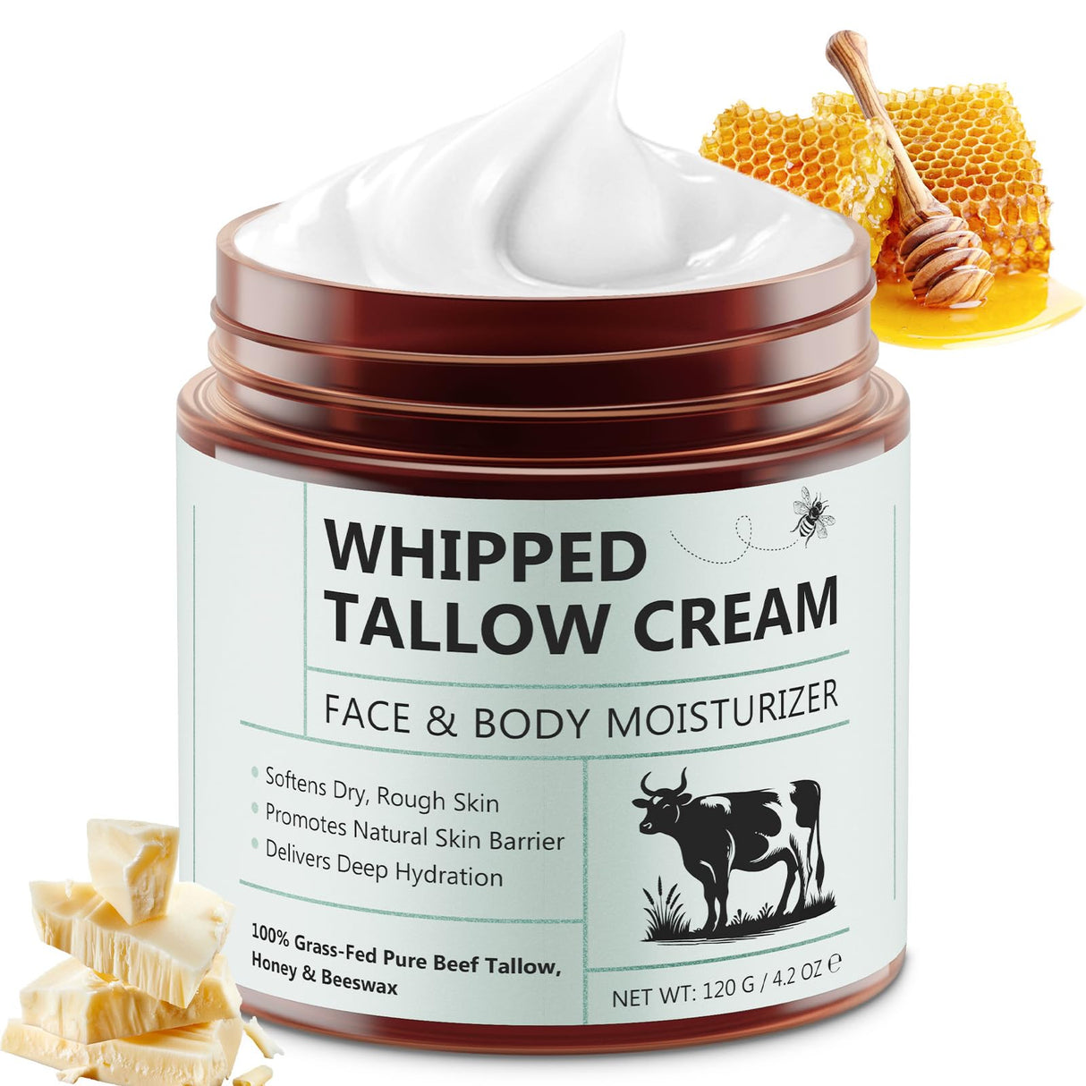 Liefiet Beef Tallow for Skin, Tallow and Honey Balm 4.2oz, Deep Nourishing Face and Body Moisturizers, Organic Grass Fed Whipped Beef Honey Cream