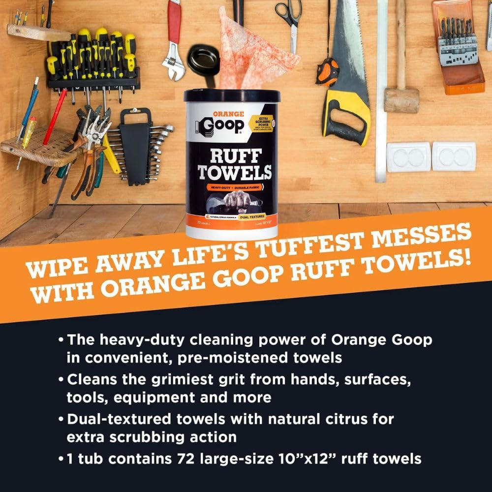 GOOP Orange Heavy Duty Ruff Towels with Scrubbing Power, 10โ x 12โ Dual Textured Multi-Purpose Cleaning Wipes, Removes Dirt, Grease, Oil, 72 Count