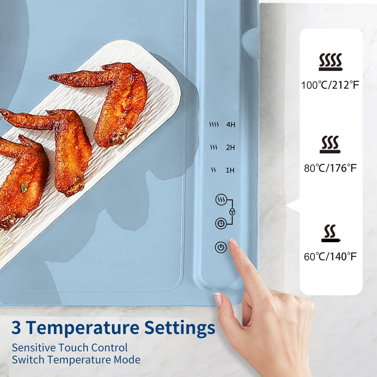 Fast Heating Warming Mat for Food with 3 Temperature and 4 Timer Settings,Waterproof Fexible Silicone Food Heating Mat with UV Coating Easy to Clean and Storage(Blue, 60x40CM)