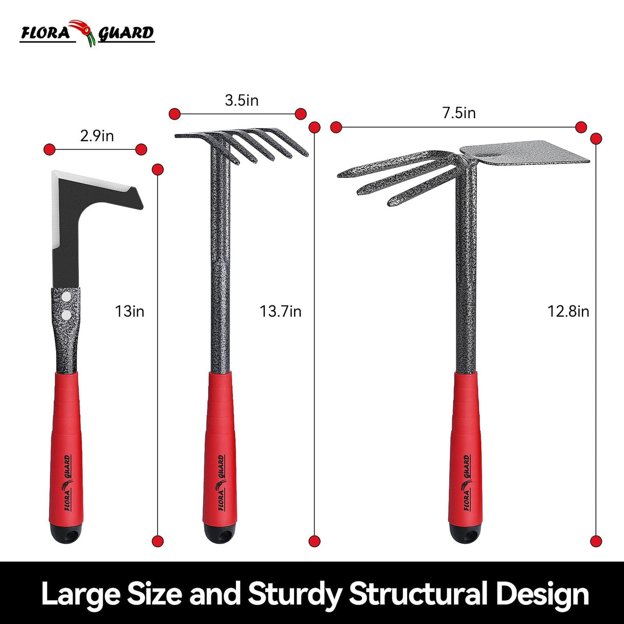FLORA GUARD 6-Piece Garden Tool Set, Heavy Duty Gardening Hand Tools with Trowel, Rakes, Cultivator, Hoe & Crack Weeder, High Carbon Steel Yard Tools for Weeding, Planting, Digging, Gardening Gifts