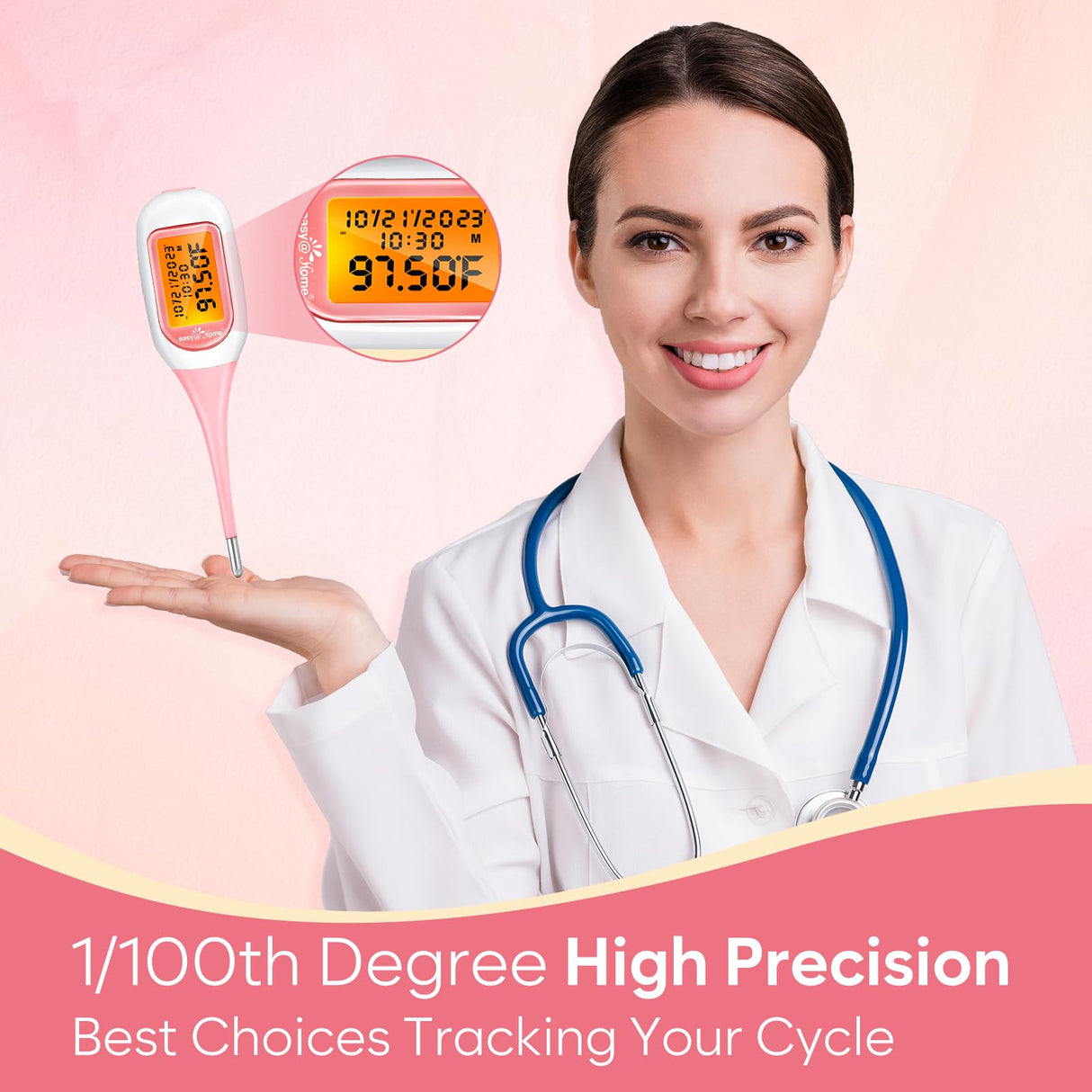 Easy@Home Smart Basal Thermometer, Large Screen and Backlit, FSA Eligible, Period Tracker with Premom(iOS & Android) - Auto BBT Sync, Charting, Coverline & Accurate Fertility Prediction EBT-300