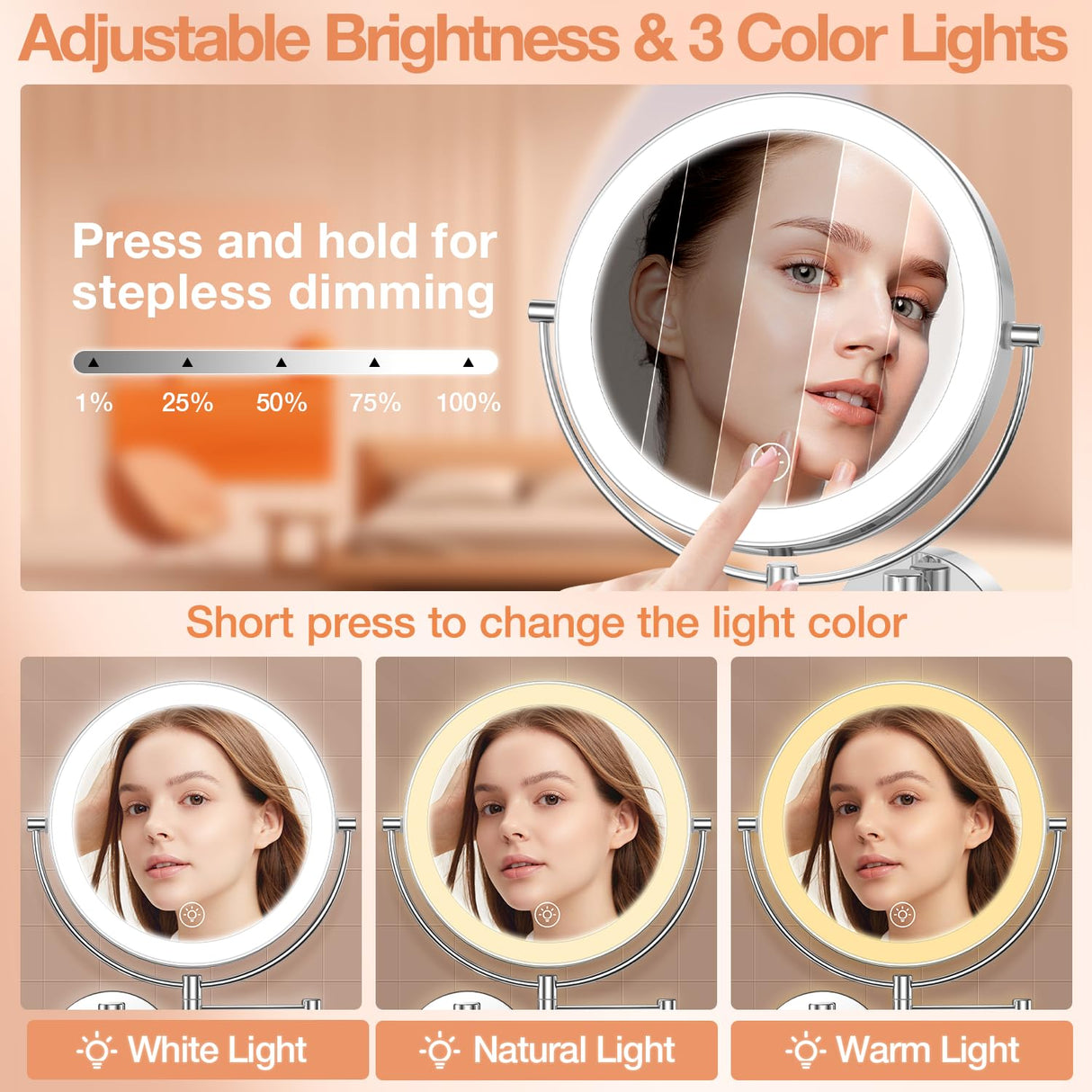 Benbilry 9" Large Wall Mounted Lighted Makeup Mirror, 1X/10X Magnifying Double-Sided AC Powered Bathroom Mirror with 3 Color Lights, Touch Dimmable, Extended Arm 360 Rotation