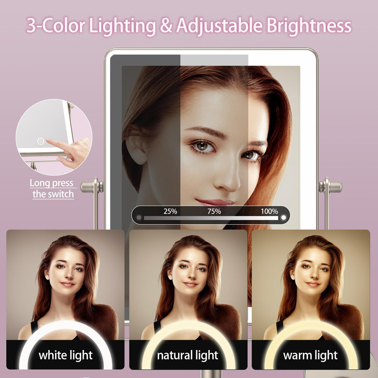 FASCINATE Rechargeable Wall Mounted Makeup Mirror, Bathroom Mirror Rectangle 8.7 Inch Double Sided 1X 10X Magnifying, 3 Color Setting, Extended Arm 360° Swivel Foldable Nichel