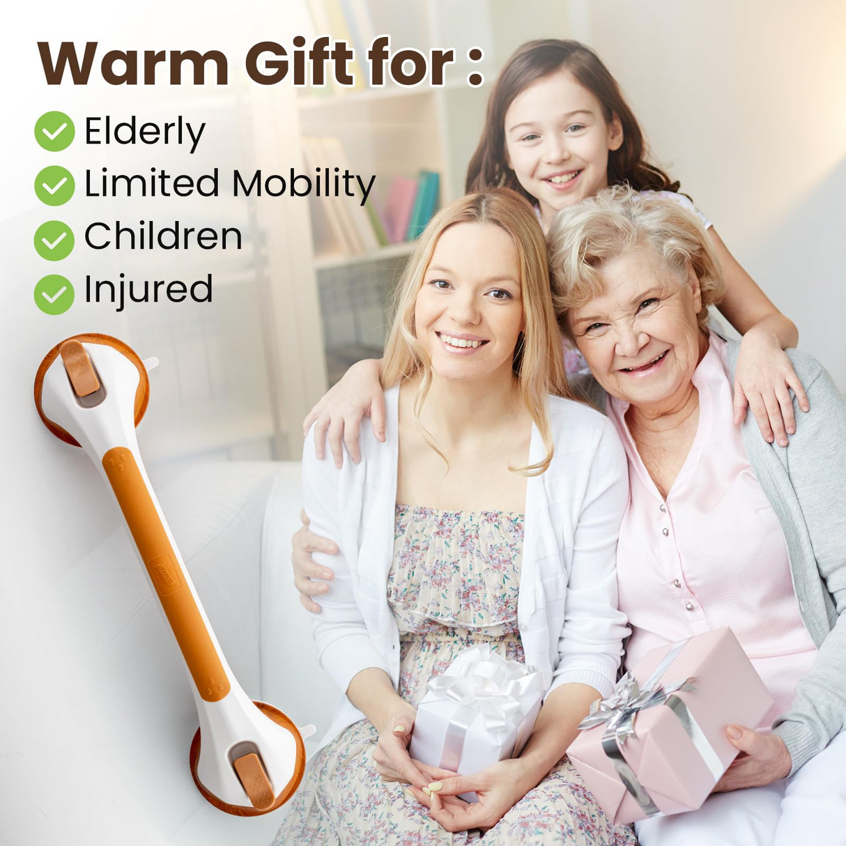 TAILI Grab Bars for Bathtubs and Showers 2 Pack Suction Grab Bar, Heavy Duty Shower Handle Removable Bath Handrails for Seniors and Elderly, Bathroom Safety Grip No Drilling Waterproof,Wood Grain