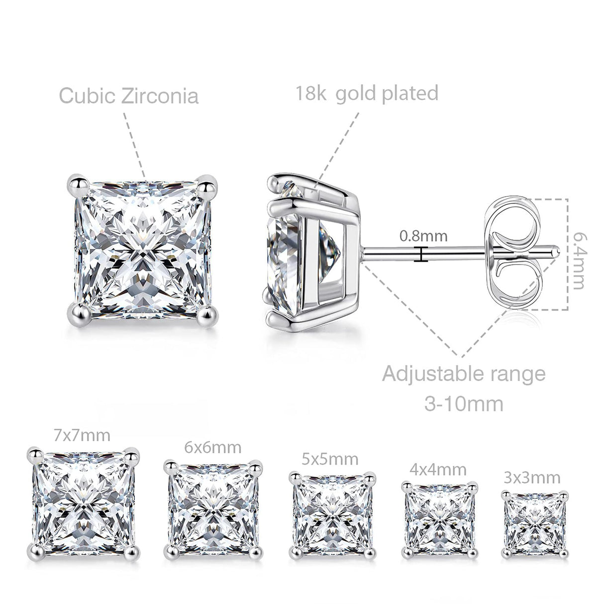 MDFUN Princess Cut Cubic Zirconia Stud Earrings for Women Men,5 Pairs