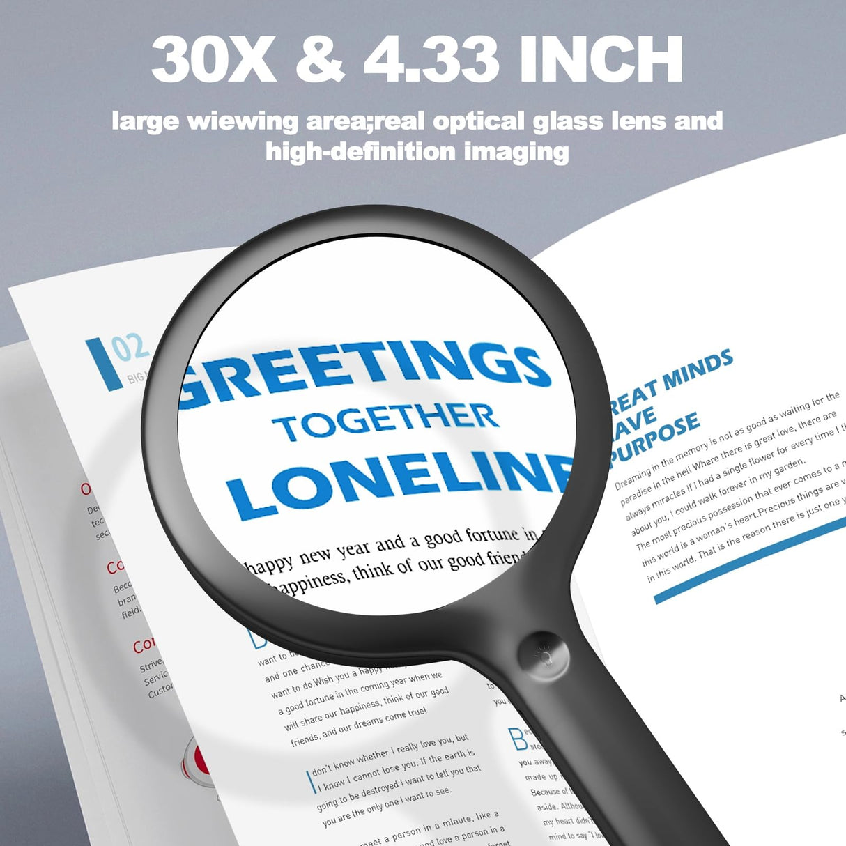 30X Charge Magnifier with Light, NUEYiO 4.33Inch Large Handheld Magnifying Glass with Light, 20 Daylight LEDs & Third Gear Dimming Lighted Magnifying Glass for Seniors Reading Inspection Coin Jewelry