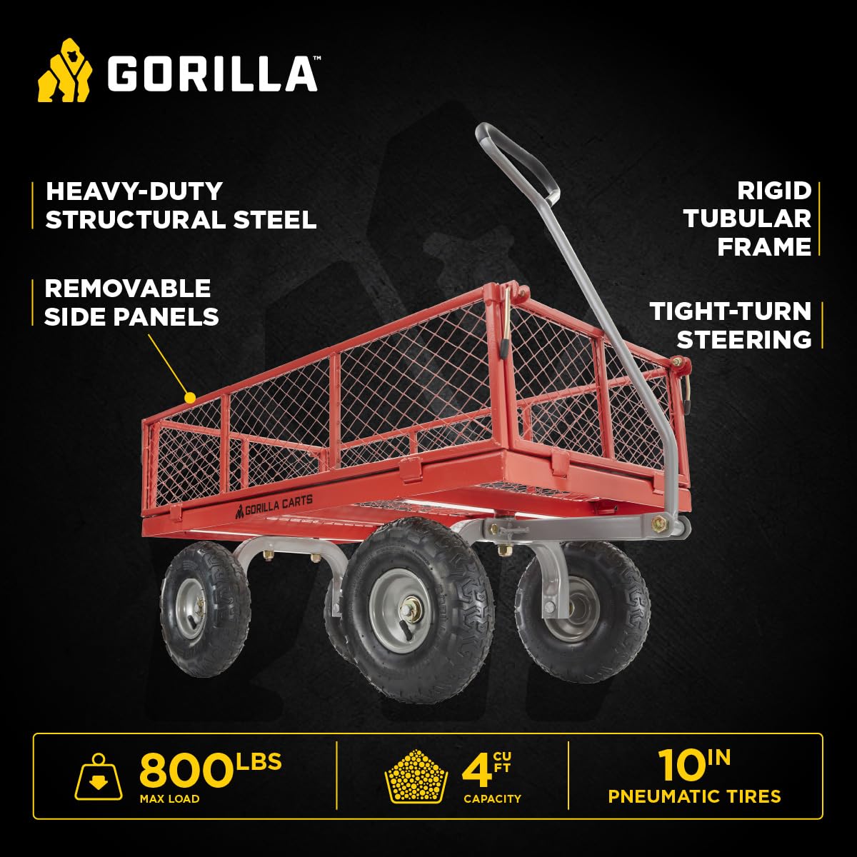 Gorilla Carts Steel Utility Cart, 800 lb Capacity, 4 Cu Ft., Black