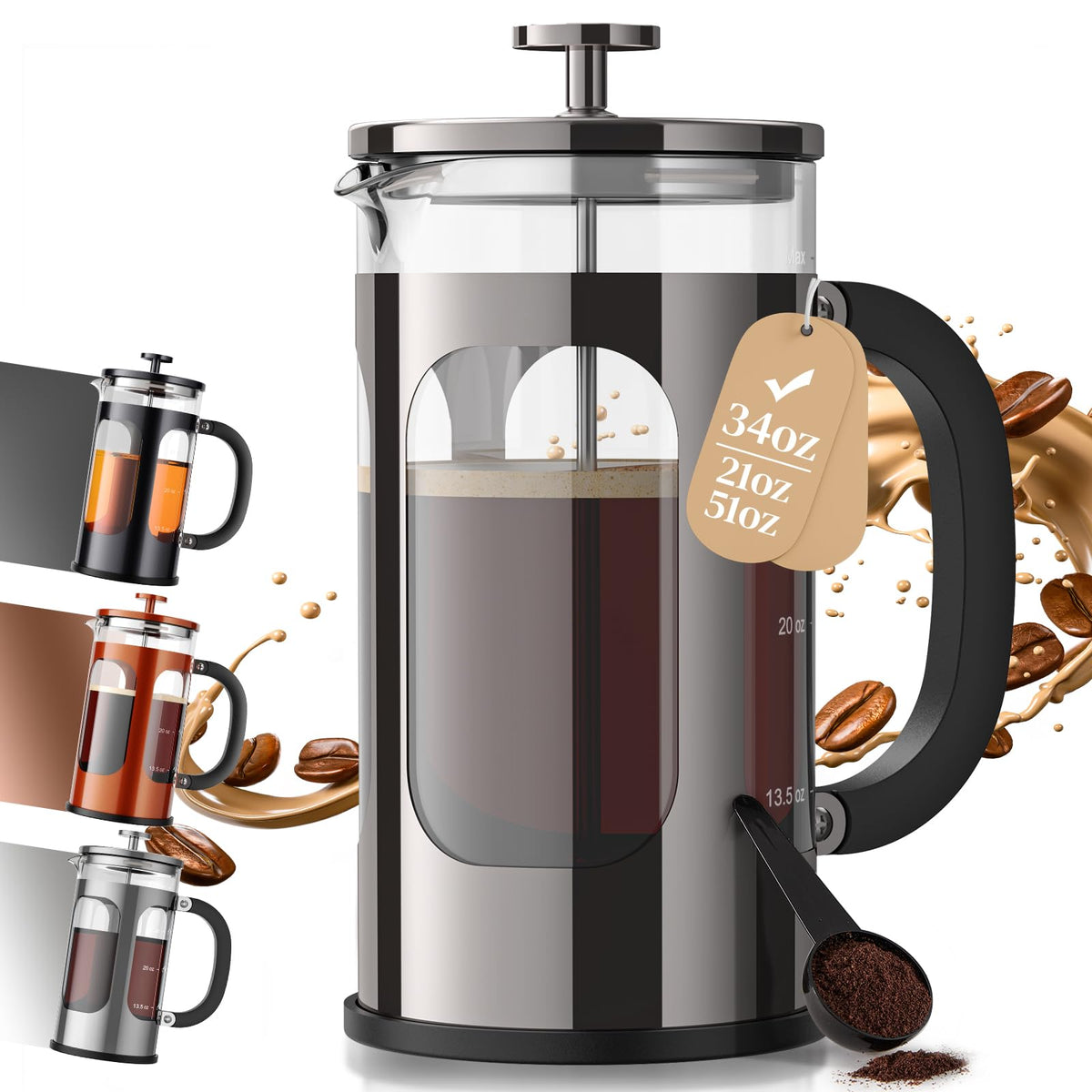 Veken 34oz French Press Coffee Maker, No Plastic Touching Cafe,1 L Cafetera