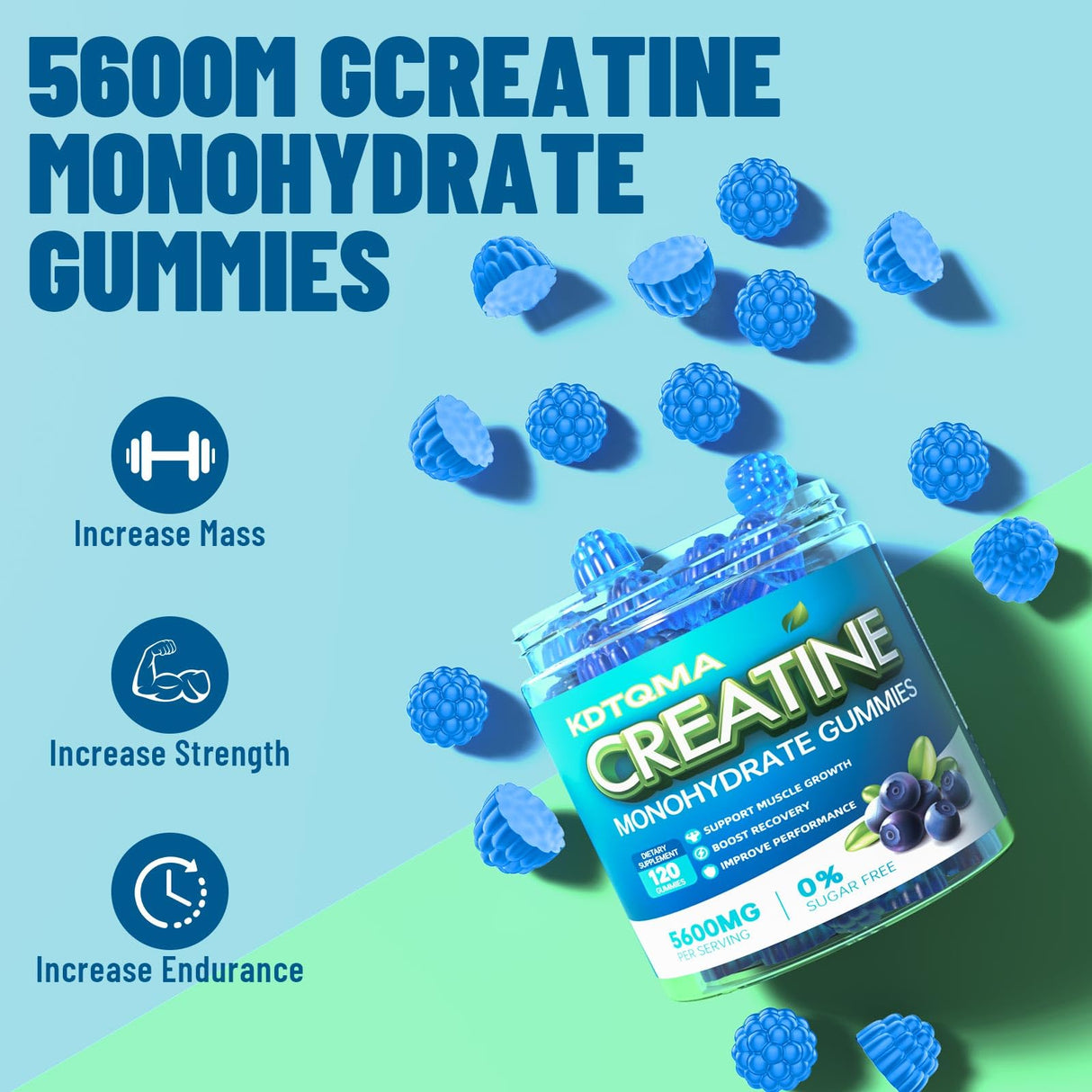 Creatine Monohydrate Gummies for Men & Women 120 CT - 5600mg of Creatine Monohydrate per Serving, Chewable Creatine Monohydrate for Muscle Support & Energy Boost, Sugar Free, Vegan (Blueberry Flavor)