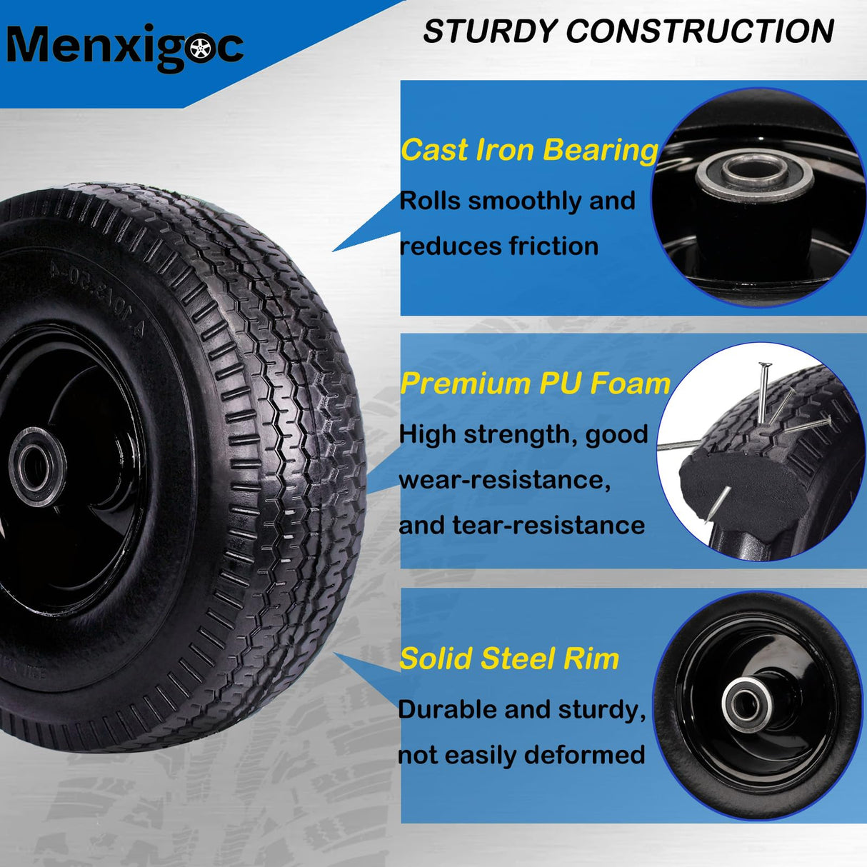 4.10/3.50-4" Tire and Wheel, 10" Solid Tire, 5/8" Bearing with 3/4" & 1/2" Extra Bearings, 4.10/3.50-4 Flat Free Wheels, 2.2" Offset Hub for Hand Truck Garden Wagon Cart Trolley Dolly - 2 Pack