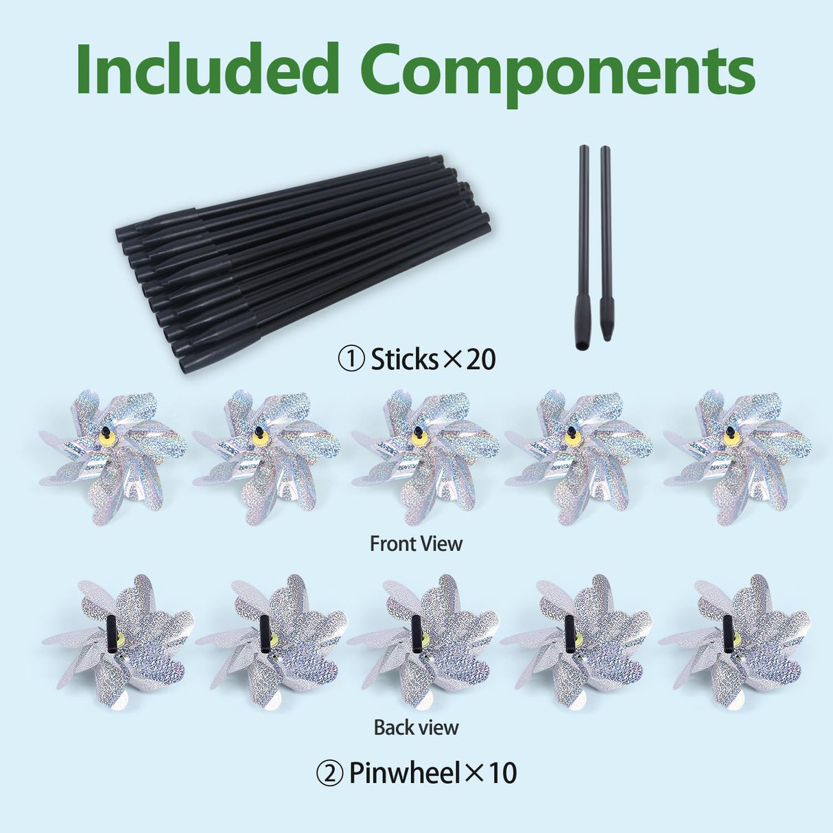 FameFame 10 Pack Reflective Pinwheels with Plastic Stakes| 19.7 inch Pre-Assembled Sparkle Pin Wheel Set | Scare Off Birds and Animals Away | Decorative for Garden, Yard, Lawn