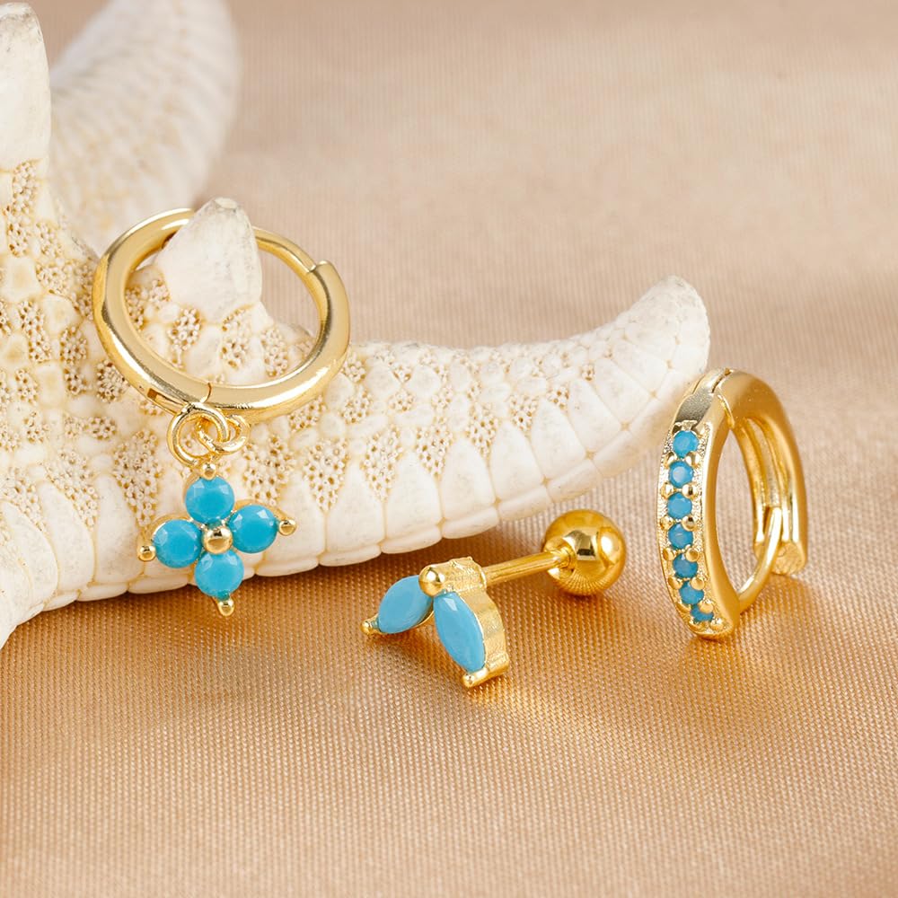 Small Gold Huggie Hoop Earrings Set for Women Turquoise Earrings 14K Gold Plated Cartilage Multiple Piercing Jewelry Hypoallergenic Sleeper (A- Turquoise Earrings Set)