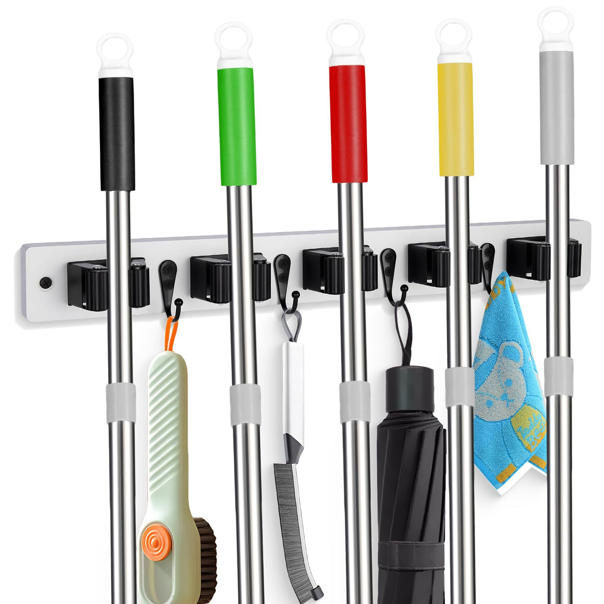 FunCee Broom Holder Wall Mount With 5 Slots & 4 Hooks,Rustic Wood Broom & Mop Hanger,Wall Mounted Garden & Garage Tool Storage Organizer Rack for Closet Laundry Room or Kitchen Wall Decor White
