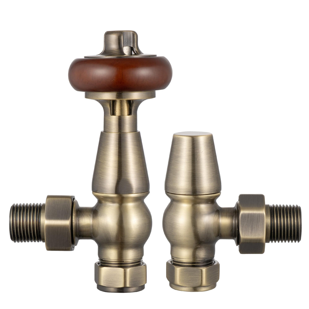 VANCOCO Traditional Angled Radiator Valves 1/2"×15mm, Brass Thermostatic Valve with Solid Wood Handwheel, Cast Iron Antique TRV Pair (Antique Brass)