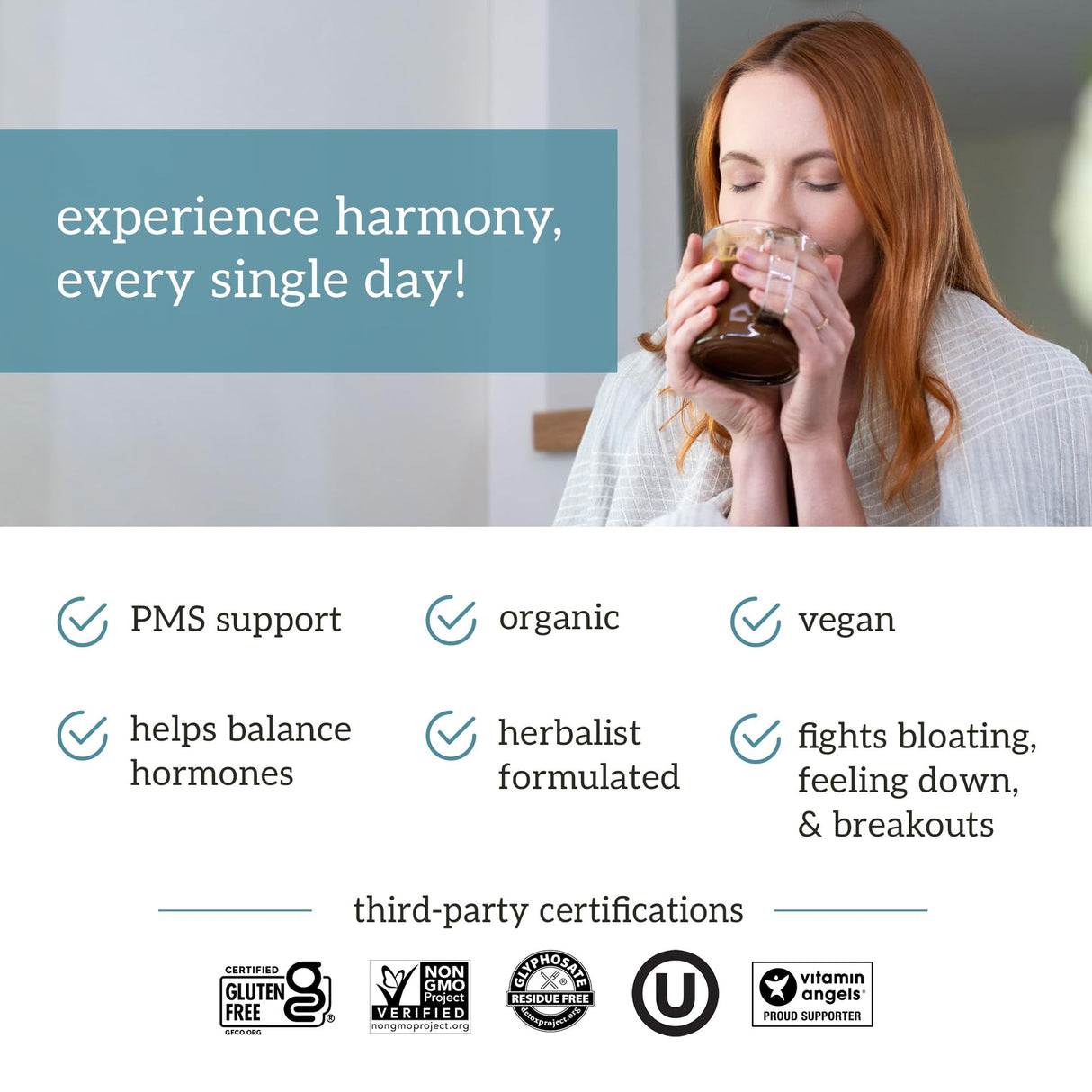 Organifi Harmony - Hormone Support - Eases PMS Symptoms - Energizes You - Regulates Menstrual Cycle - Best Served Hot - Gluten Free and Vegan Cacao Powder, 30 Servings