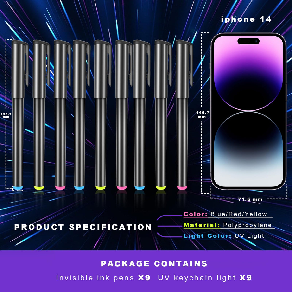 Daemson Invisible Ink Pen, Spy Pen with 9 PCS Mini UV LED Keychain Flashlight, Disappearing Ink Magic Pens with Black Light Markers for Secret Notes, Fit for Christmas Halloween Holiday Gifts (9 PCS)