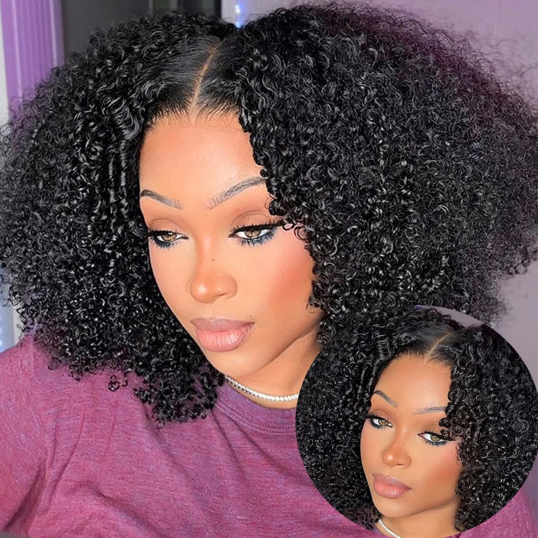 ISEE Wear and Go Glueless Wig Afro Kinky Curly Lace Front Wigs Human Hair 7x5 HD Lace Afro Curly for Women Lace Pre Cut Glueless Wigs Human Hair Pre Plucked 20 Inch