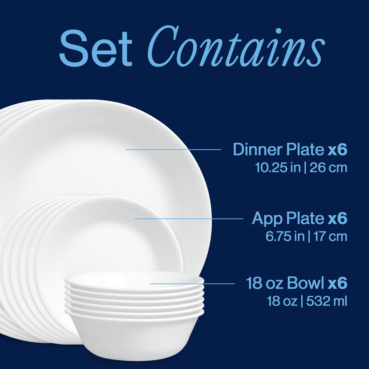 Corelle Vitrelle 18-Piece Service for 6 Dinnerware Set Triple Layer Glass and Chip Resistant, Lightweight Round Plates and Bowls Set, Winter Frost White