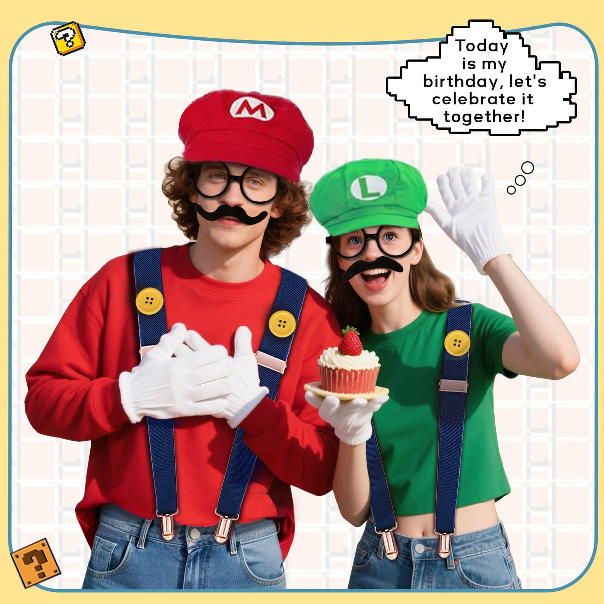 QRT Super Bros Costume Kit with Hat, Mustaches, Suspenders, Gloves Buttons ang Glasses frame for Halloween, Cosplay and Christmas (red&green)