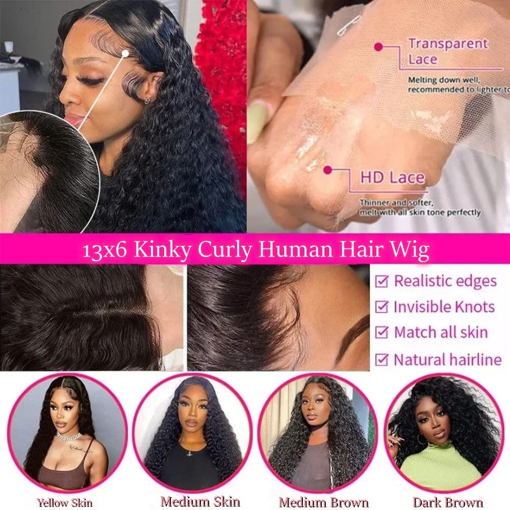 Bestdilin Curly Lace Front Wigs Human Hair 13x6 Kinky Curly HD Transparent Lace Frontal Wig for Women Short Curly Wigs Pre Plucked With Baby Hair 220% Density Glueless Hair Curly Wigs (16 Inch)