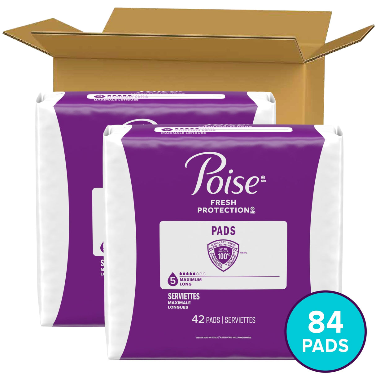 Poise Incontinence & Postpartum Pads for Bladder Leaks, 5 Drop Maximum Absorbency, Long Length, 84 Count, Packaging May Vary