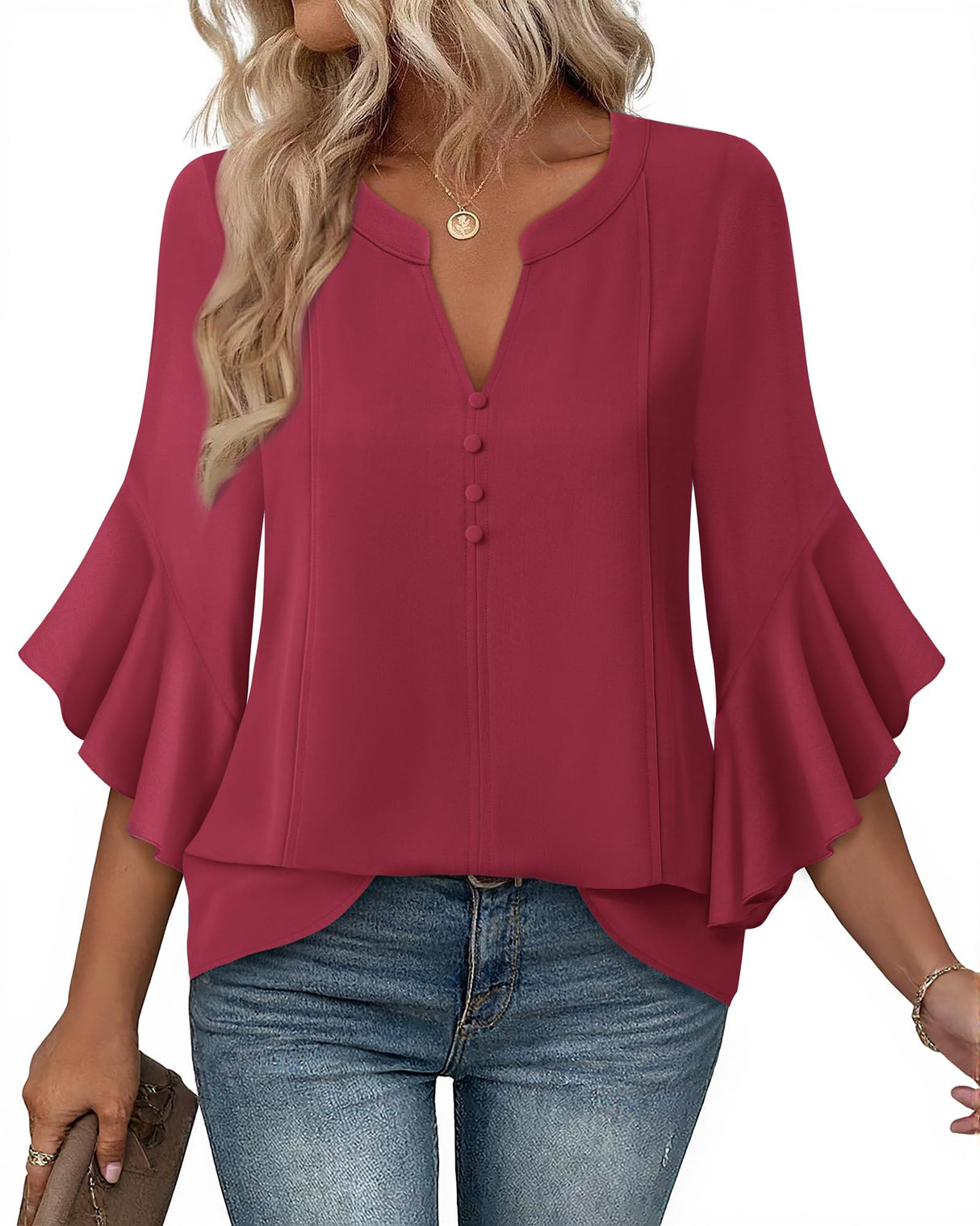 Bebonnie Womens Blouses Dressy Casual: Ruffle 3/4 Sleeve Button Down Shirts - Dinner Christmas Holiday Outfits - Dress Shirts Fancy Wedding Guest Evening Wear for Curvy Women Wine Red XL