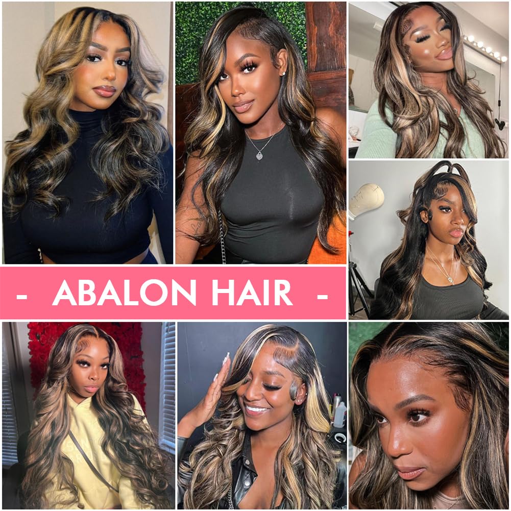 ABALON FB/27 28 Inch Highlight Balayage Lace Front Wig Human Hair 13x4 HD Lace Frontal Wigs Human Hair Body Wave Wig 200% Density Ombre Glueless Wigs Human Hair Pre Plucked with Baby Hair for Women