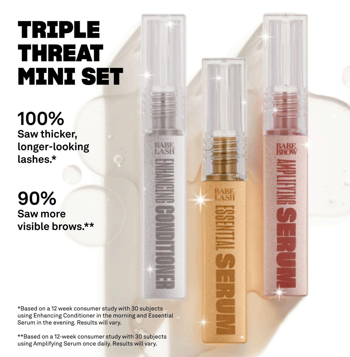 Babe Original Triple Threat Mini Set, Includes Babe Lash Essential Serum & Enhancing Conditioner + Babe Brow Amplifying Serum, 1 mL, 3 Pack