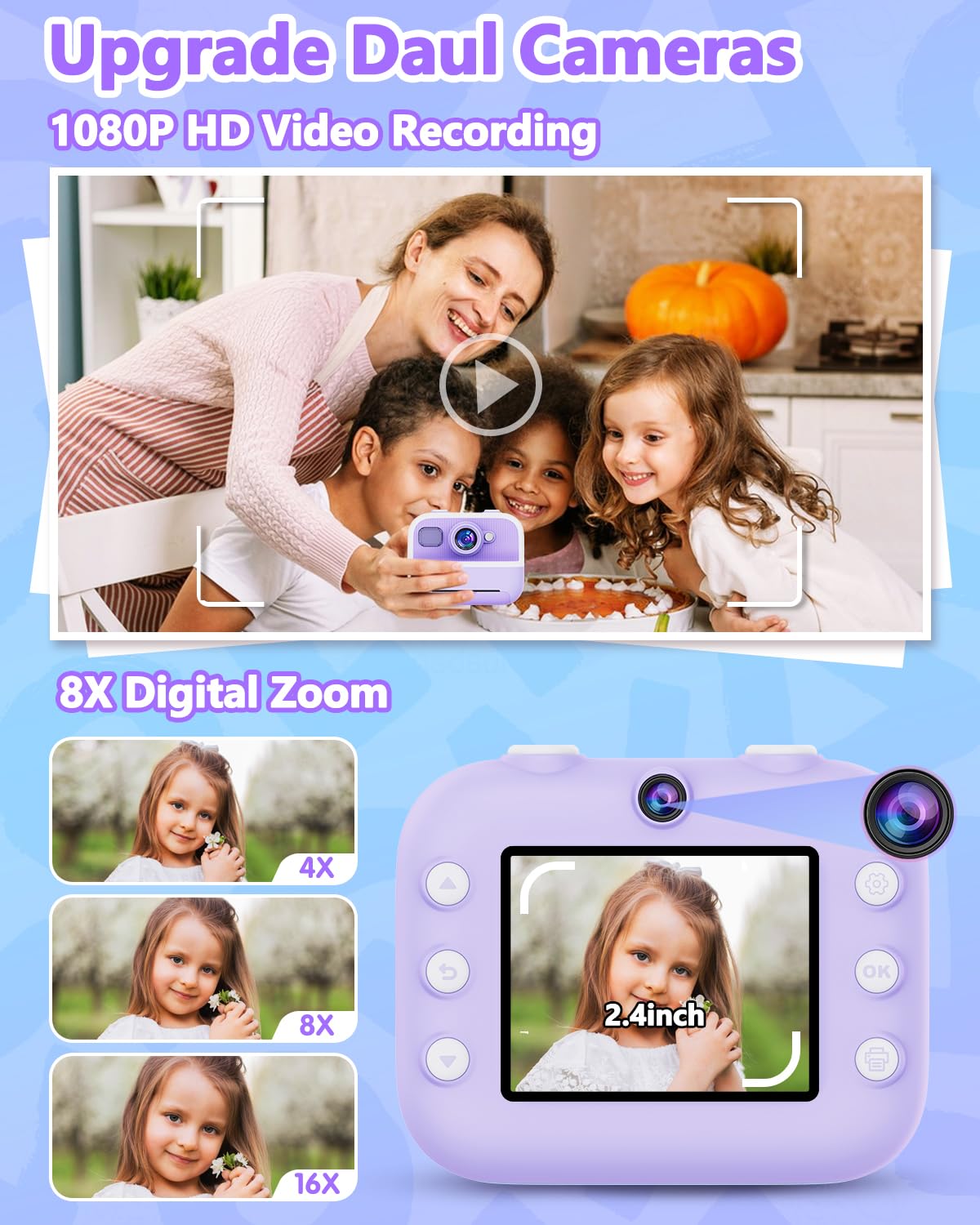 Instant Print Camera for Kids, Christmas Birthday Gifts for Girls Boys, Kids Camera Instant Print with Dual Camera 1080P Digital Camera Toys for 4 5 6 7 8 9 10 Year Old Girl with 32GB SD Card-Purple
