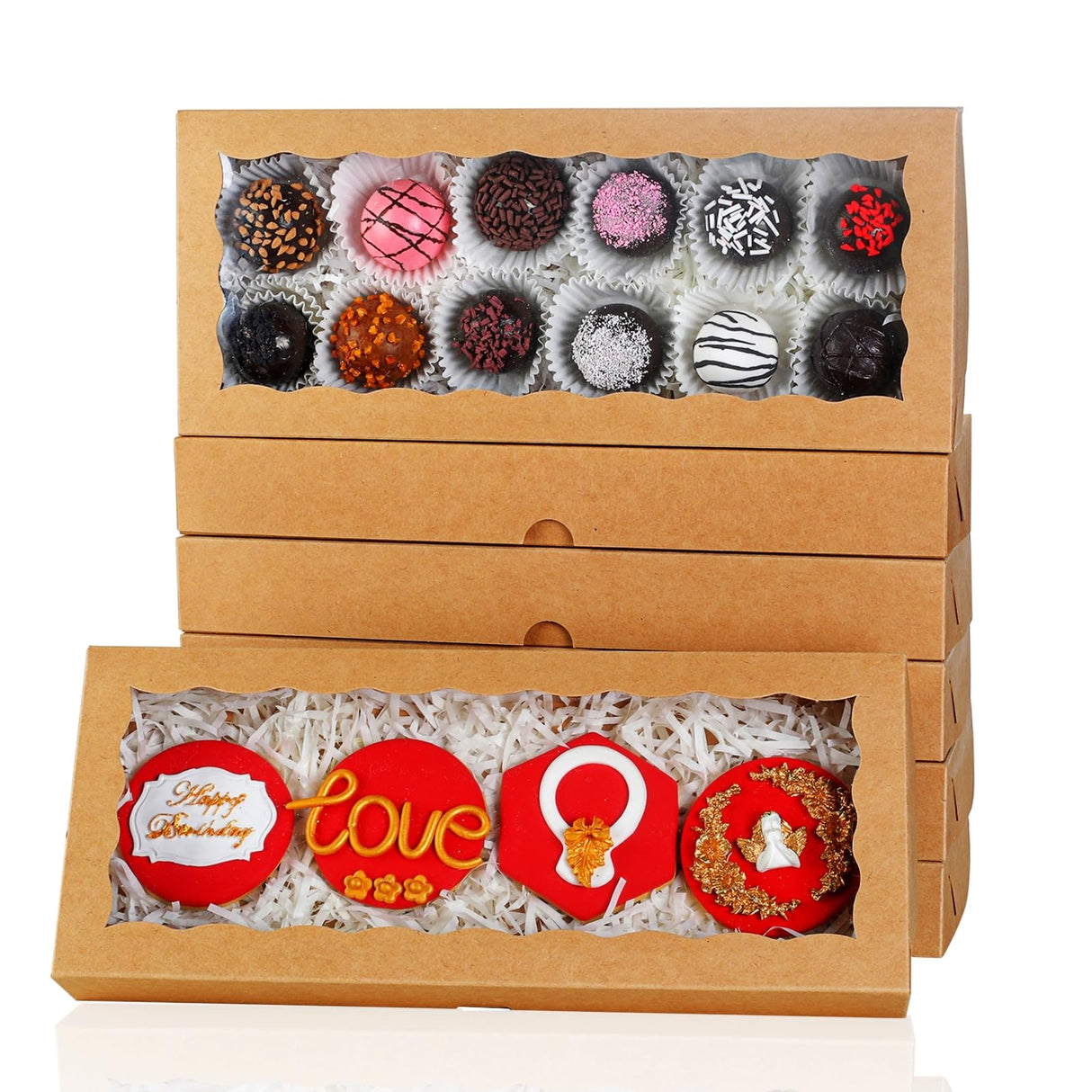 SLShePack 50PCS 12x5x1.5Inch Cookies Boxes with Window Bakery Boxes Macaron Boxes Cakesickle Boxes Chocolate Truffle Boxes Donut Treat Boxes for Christmas Valentine's Easter Mother's Day