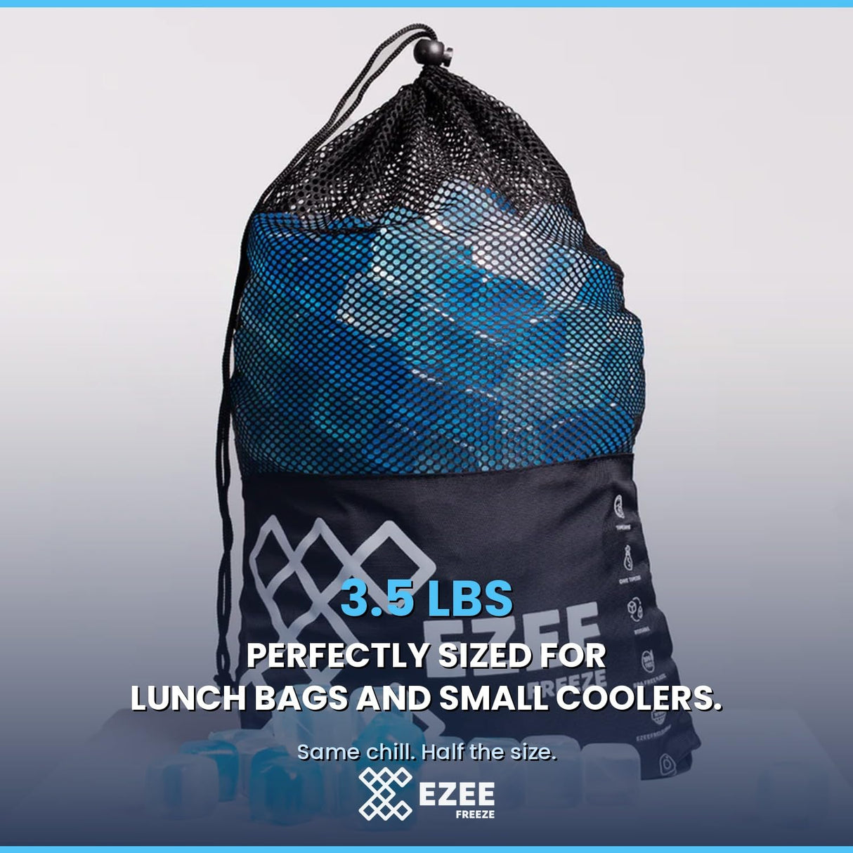 Ezee Freeze Reusable Ice Cubes for Coolers - Mini Freeze 3.5 lb Bag, 110 Blue Ice Cubes Use in Drinks, Lunch Boxes, Fishing, Refreezable Party Ice, Ice Bath