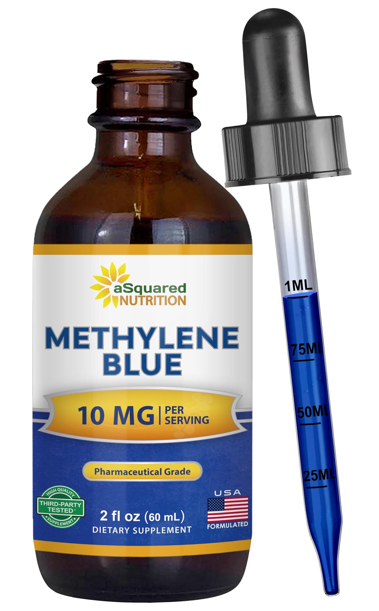 aSquared Nutrition Methylene Blue Drops - 1% Pharmaceutical Grade Liquid Supplement for Humans - 10mg USP Grade w/Vitamin C - No Formaldehyde - Brain & Energy Alternative to Capsules (2 fl oz)