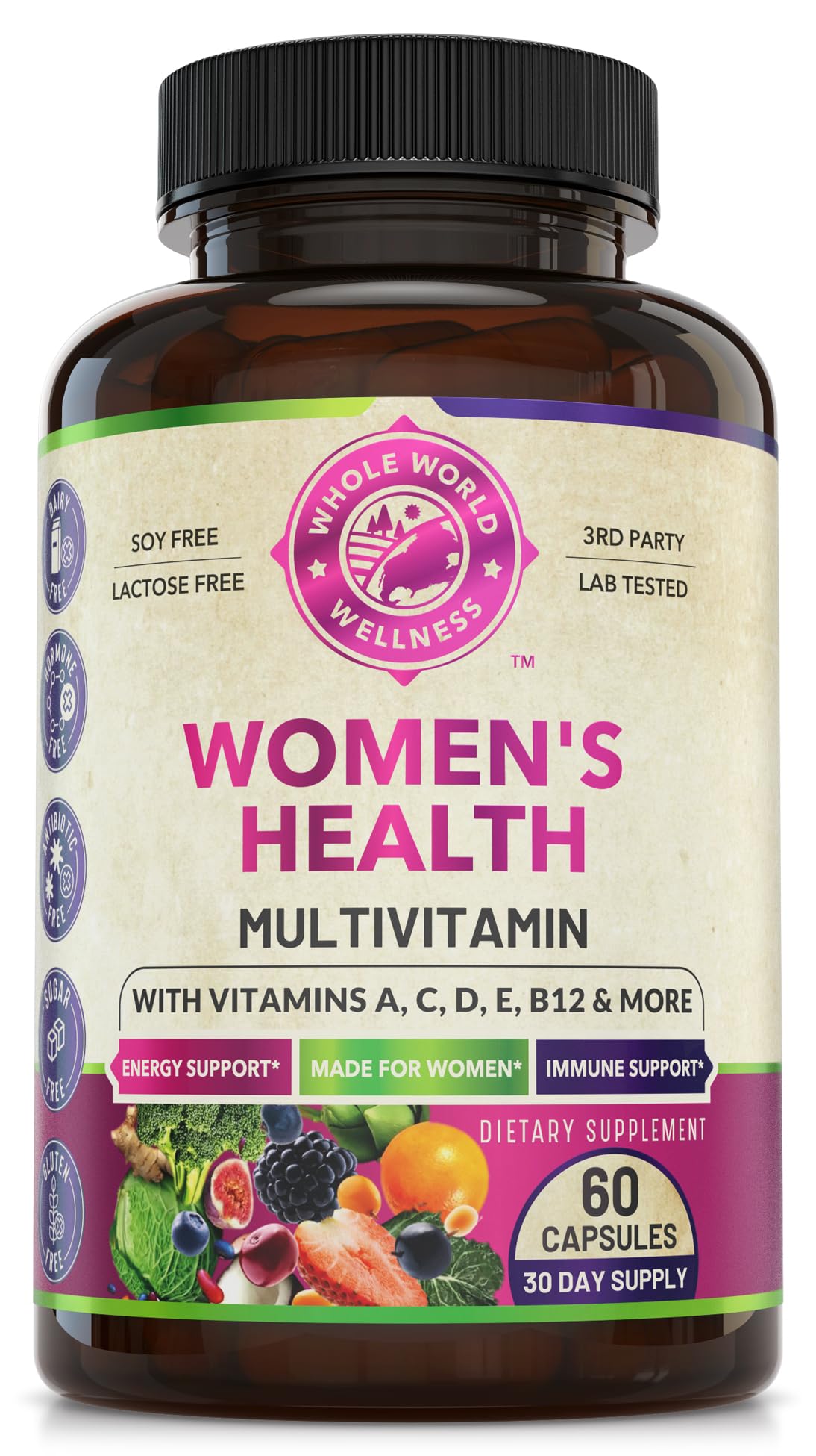 Womens Daily Multivitamin Multimineral Supplement for Energy, Mood, Focus, Hair, Skin & Nails. Made for Women with 30+ Nutrients, Fruit & Energy Blend. Womens Vitamins 60 Capsules. Made in the USA.