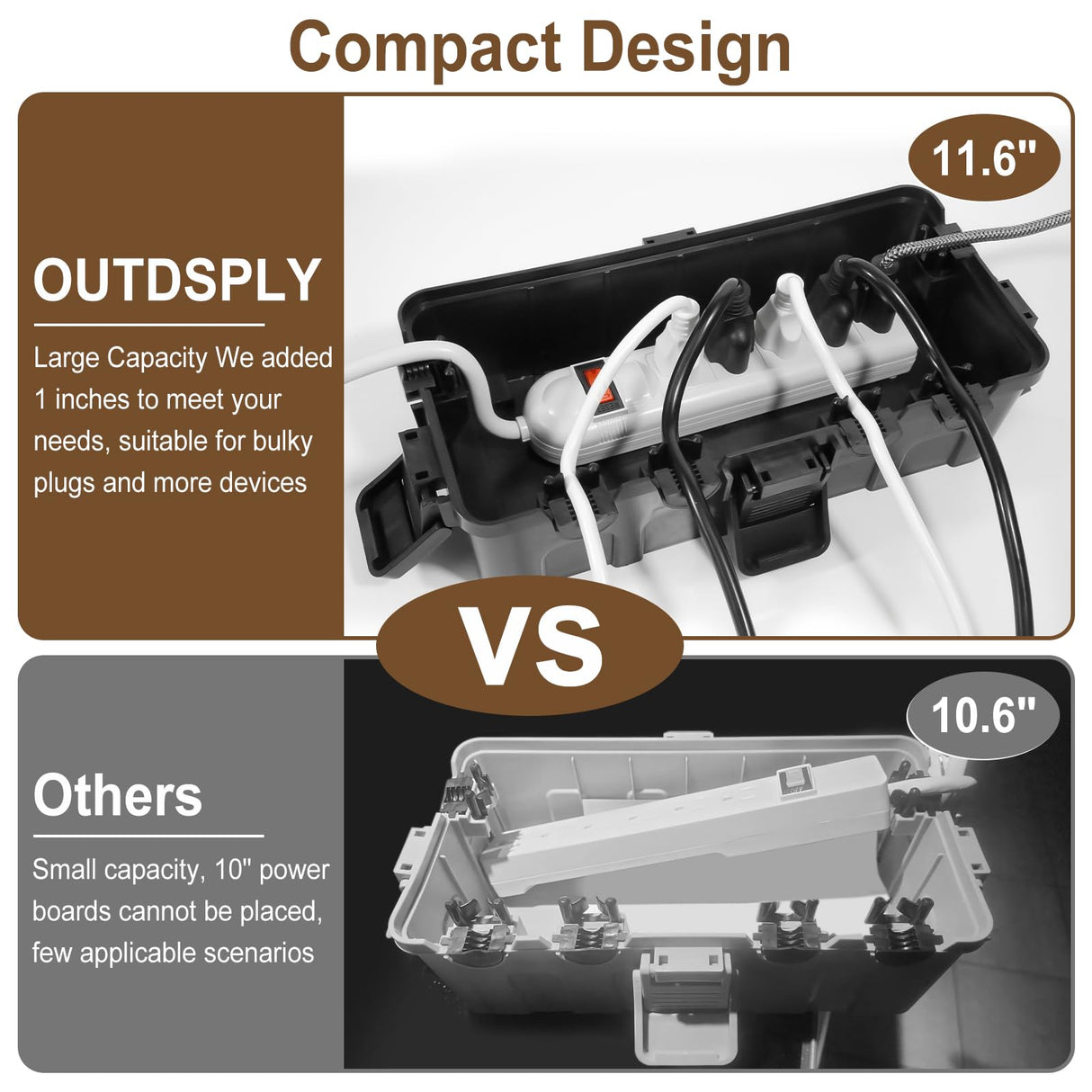 OUTDSPLY Medium Outdoor Electrical Box (11.6x5.2x4.1 inch), IP54 Waterproof Extension Cord Cover w/ 6 Cable Entry, Weatherproof Connection Box for Power Strip, Plug, Timer, Holiday Lights, Brown