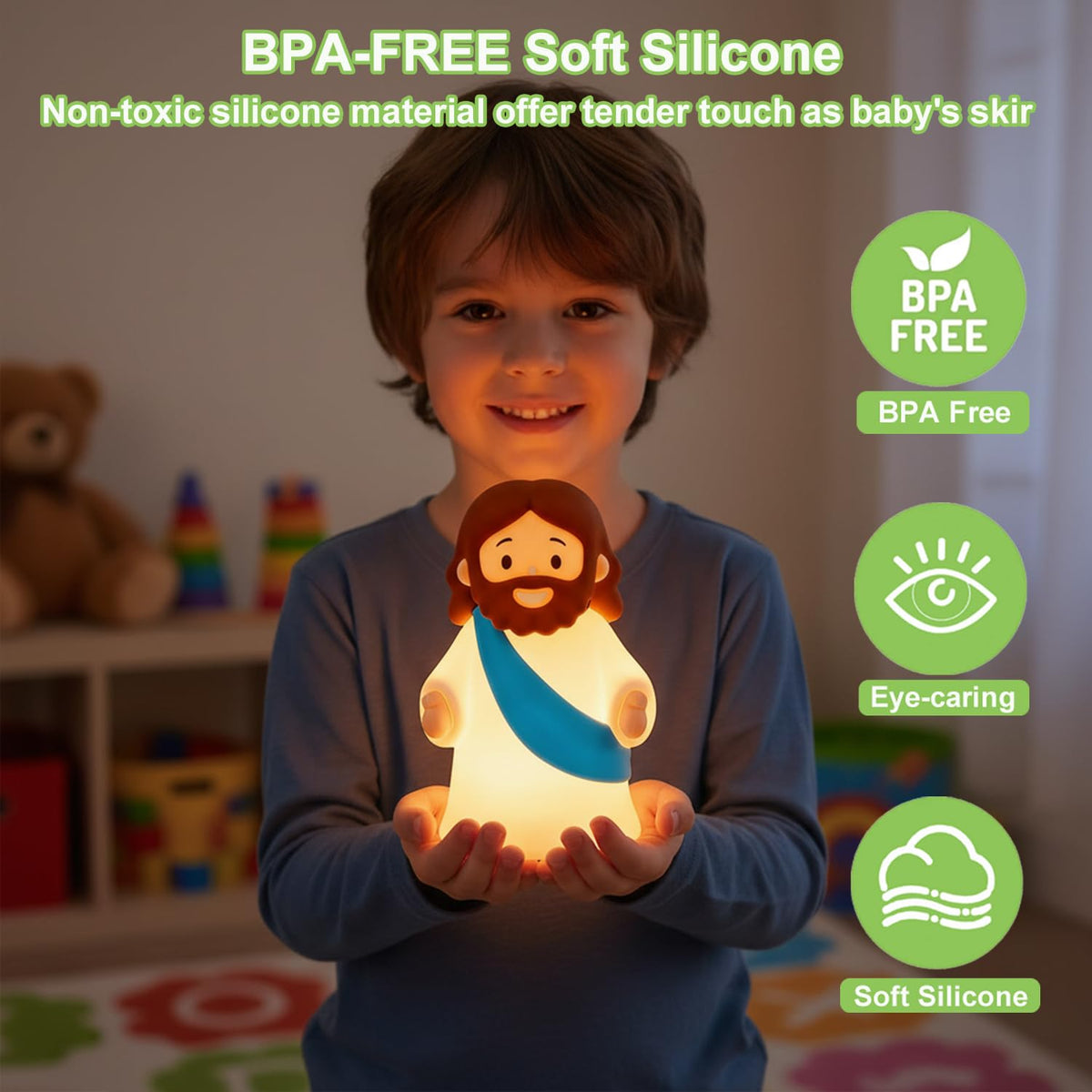 magical JD Jesus Night Light for Kids – Soft Silicone Touch Lamp, Touch Dimmable & USB Rechargeable, BPA-Free Christian Baptism Gift for Boys & Girls, Easter & Christmas Gift for Nursery (Blue)