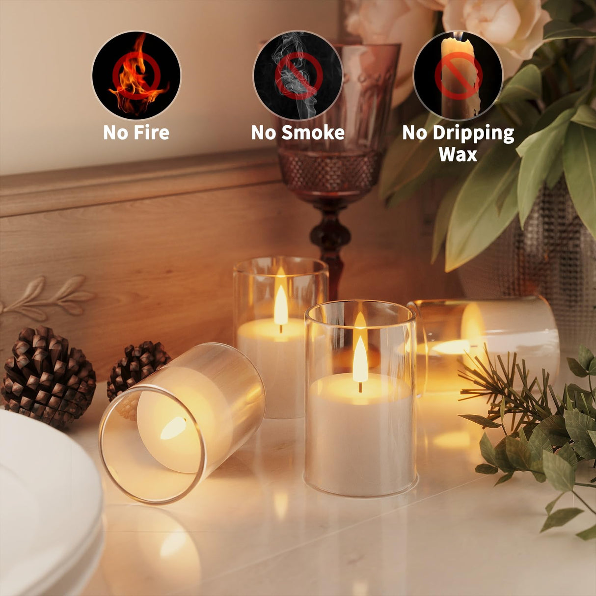 VIODAIM 6Pack Flickering Flameless LED Candles with Timer, Battery Powered - Small Pillar & Votive, Green (2"X3")
