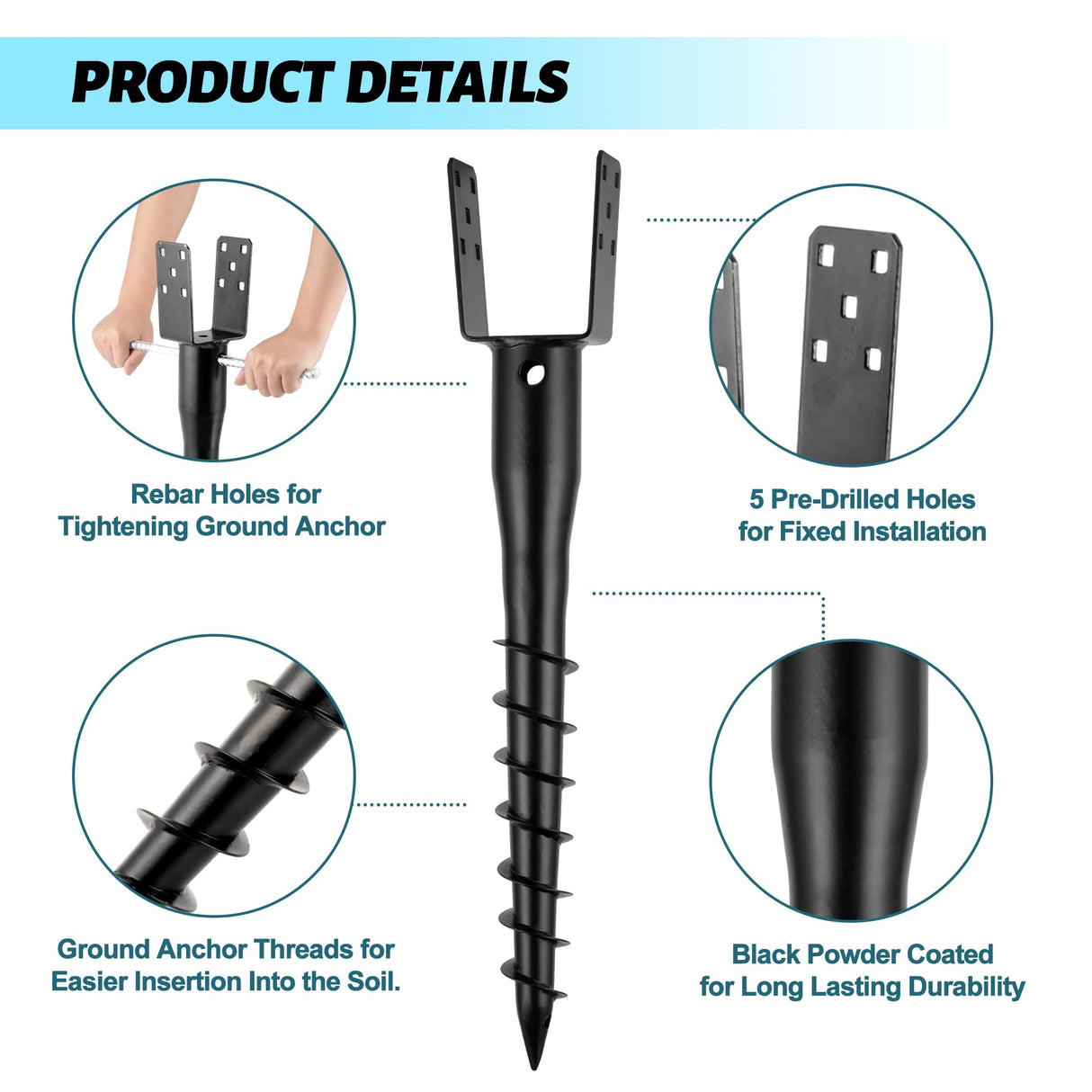 XYADX No Dig Ground Screw Anchor - Black U Shaped Post Stake for 4x4 Wood Posts, Includes Lag Bolts & 27" Rebar, for Mailbox Posts and Fence Posts Anchor, 4 Pack