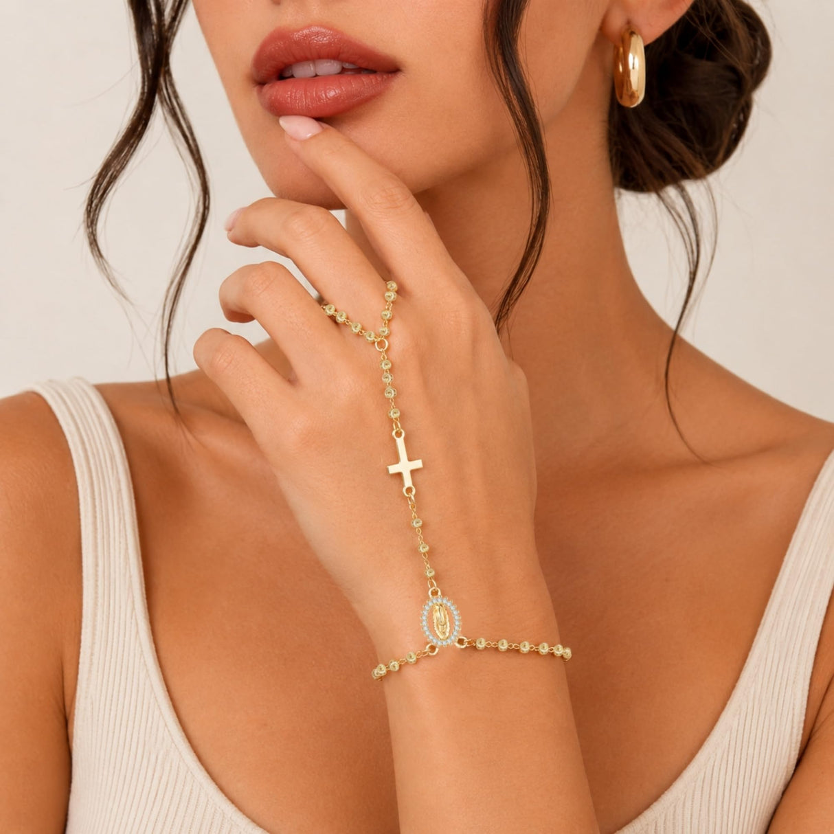 Gold Rosary Hand Chain Bracelet - 14K Gold Plated Virgin Mary Cross Ring Bracelets,Dainty Non Tarnish Golden Hand Chains Rosarios Catolicos Jewelry,Religious Rosary Beads Hand Bracelet Gift for Women