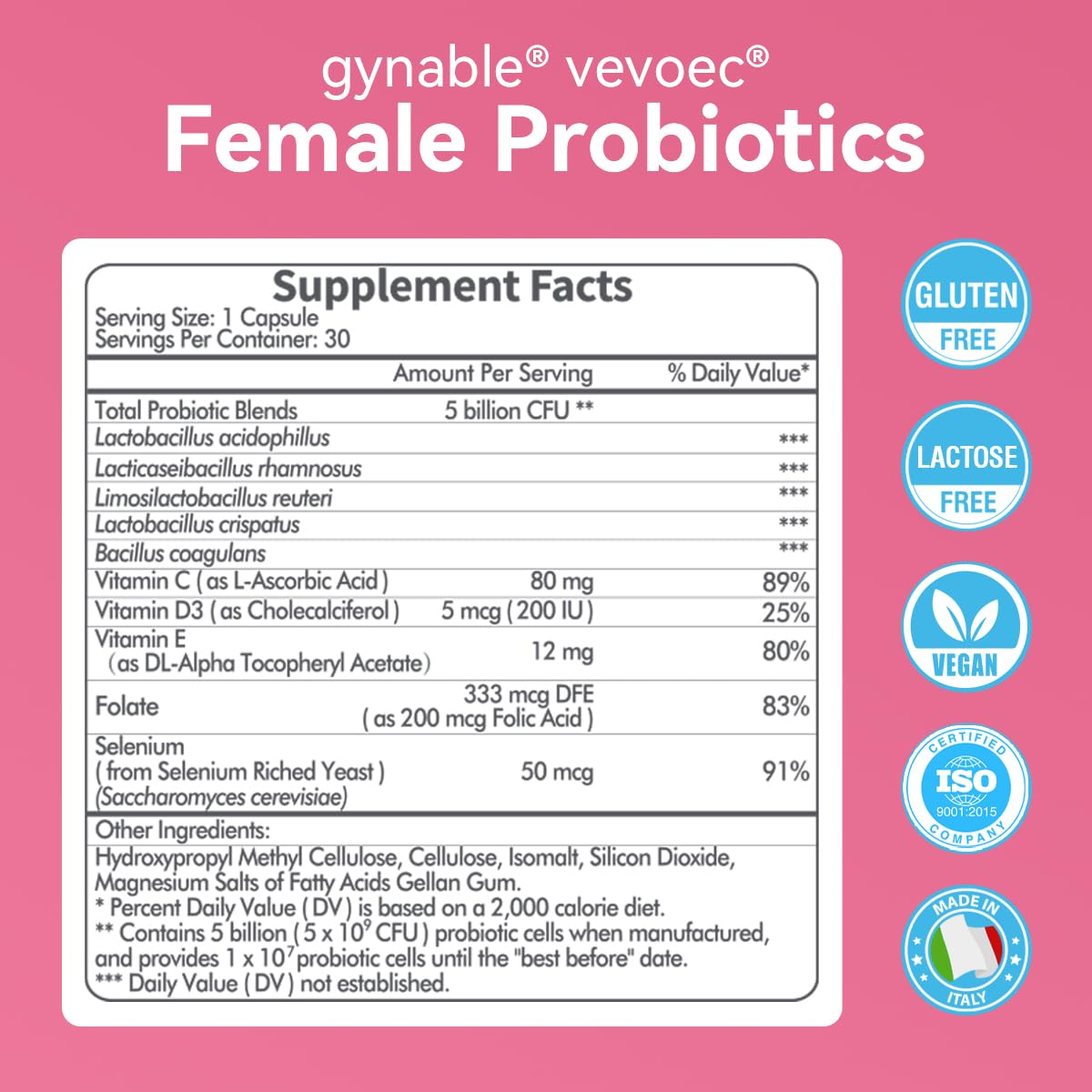 Vevoec Gynable Vaginal Probiotics for Women,Female Probiotic for pH Balance with Lactobacillus 5 Billion CFU Probiotics Blend,Selenium-Vitamin D3,Promote Healthy Vaginal Odor & Vaginal Flora,60 Count