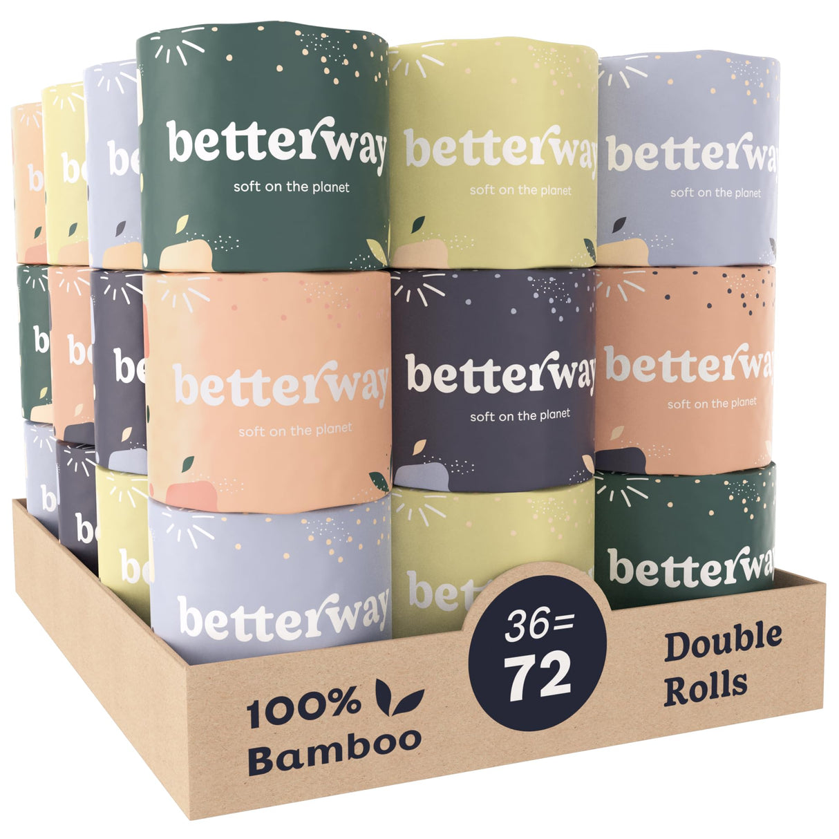 Betterway Bamboo Toilet Paper 3 Ply - Sustainable Toilet Tissue - 36 Long-Lasting Organic Rolls & 360 Sheets Per Roll - Septic Safe - Plastic & PFAS Free - FSC Certified
