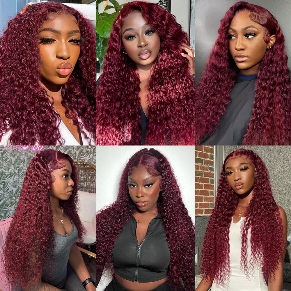 ILHILH 99J Burgundy Lace Front Wigs Human Hair Deep Wave 13x6 HD Lace Frontal Wigs Human Hair Pre Plucked 200 Density Wine Red Colored 99J Curly human hair Wig with Baby Hair 26 inch Glueless Wig