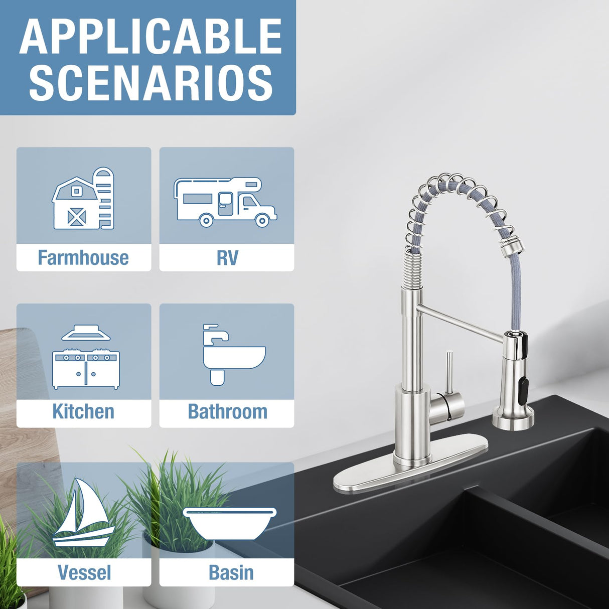DJS Kitchen Faucets with Pull Down Sprayer Brushed Nickel -Single Handle 1 or 3 Holes Spring Kitchen Sink Faucet with Deck Plate for Farmhouse RV Vessel Basin