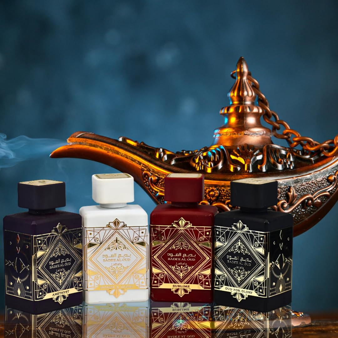 Lattafa Perfumes Bade'e Al Oud for Unisex 4 Piece Eau de Parfum Gift Set (Oud for Glory + Sublime + Amethyst + Honor & Glory) 3.4 Ounce/100 ml each
