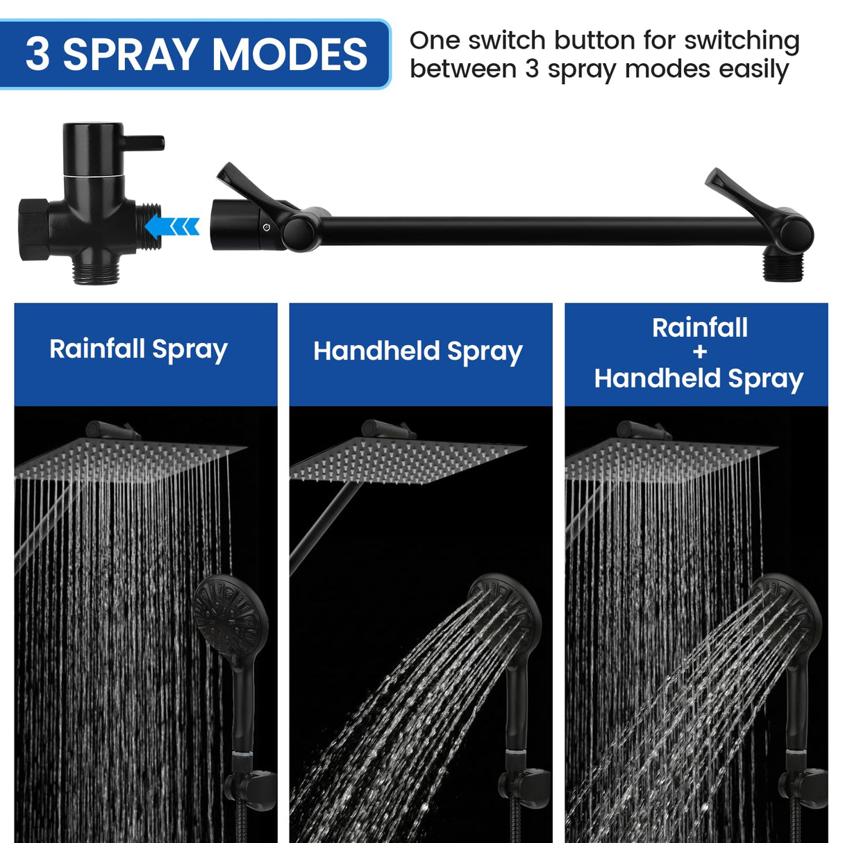 Tudoccy Shower Head, 8ββ High Pressure Rainfall Shower Head/Handheld Shower Combo with 11'' Extension Arm, 9 Settings Anti-leak Shower Head with Holder, Height/Angle Adjustable, Matte Black
