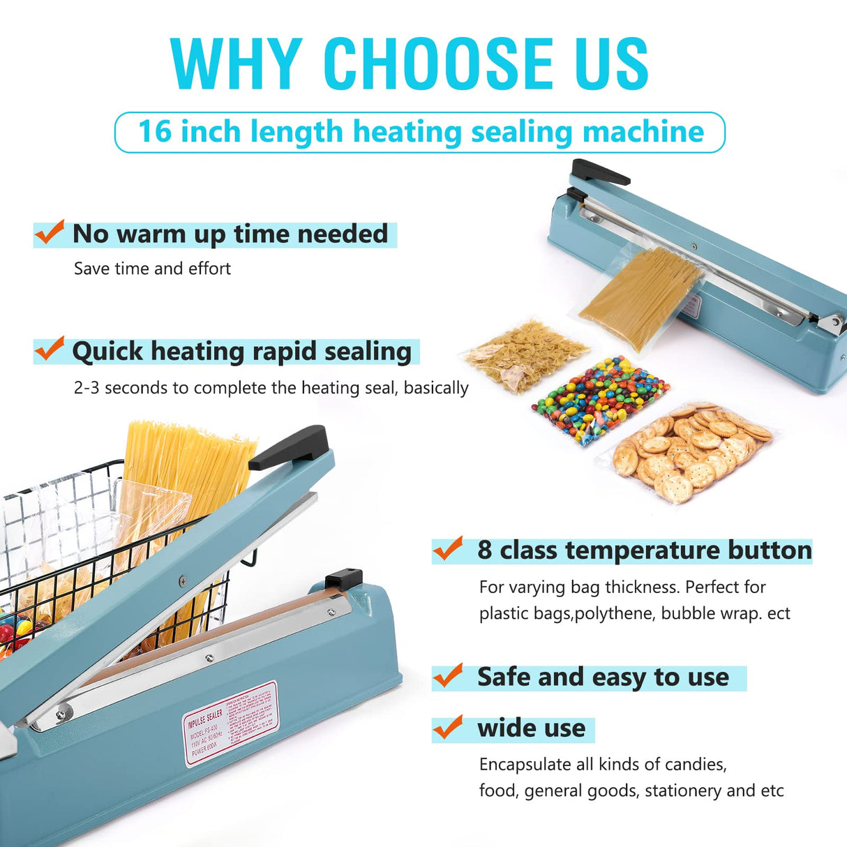 METRONIC Impulse Sealer 16 inch, Manual Heat Sealer Machine for Plastic Bags, Shrink Wrap Bag Sealers Heavy Duty Sealing Machine With Repair Kit (Blue)